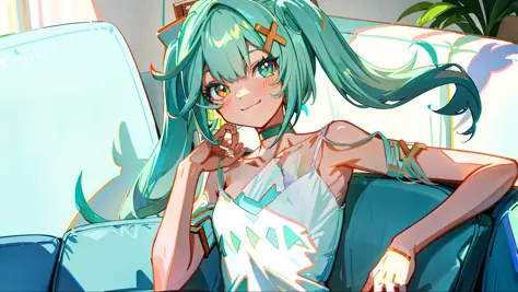 faruzandef, cyan hair, twintails, long hair, (heterochromia), smiling, ((white camisole)), (small breasts), choker, (couch), living room, (shadow:1.2), lighting, (solo)