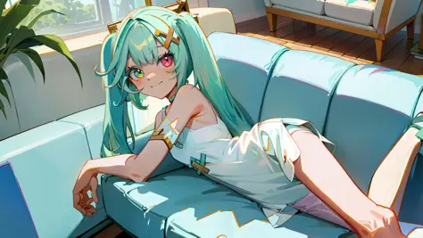 faruzandef, cyan hair, twintails, long hair, (heterochromia), smiling, ((white camisole)), (small breasts), choker, (couch), liv...