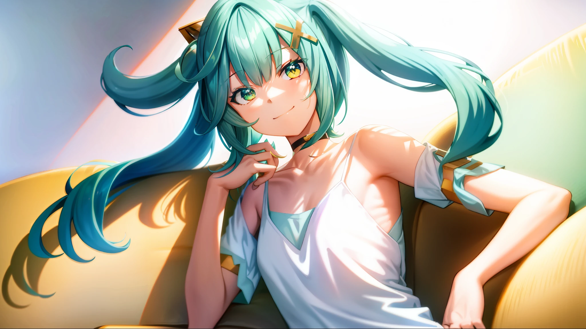 faruzandef, cyan hair, twintails, long hair, (heterochromia), smiling, ((white camisole)), (small breasts), choker, (couch), living room, (shadow:1.2), lighting, (solo), (collarbone)