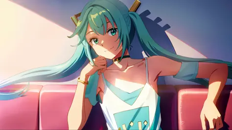 faruzandef, cyan hair, twintails, long hair, smiling, ((white camisole)), (small breasts), choker, (couch), living room, (shadow:1.2), lighting, (solo), (collarbone), armpits