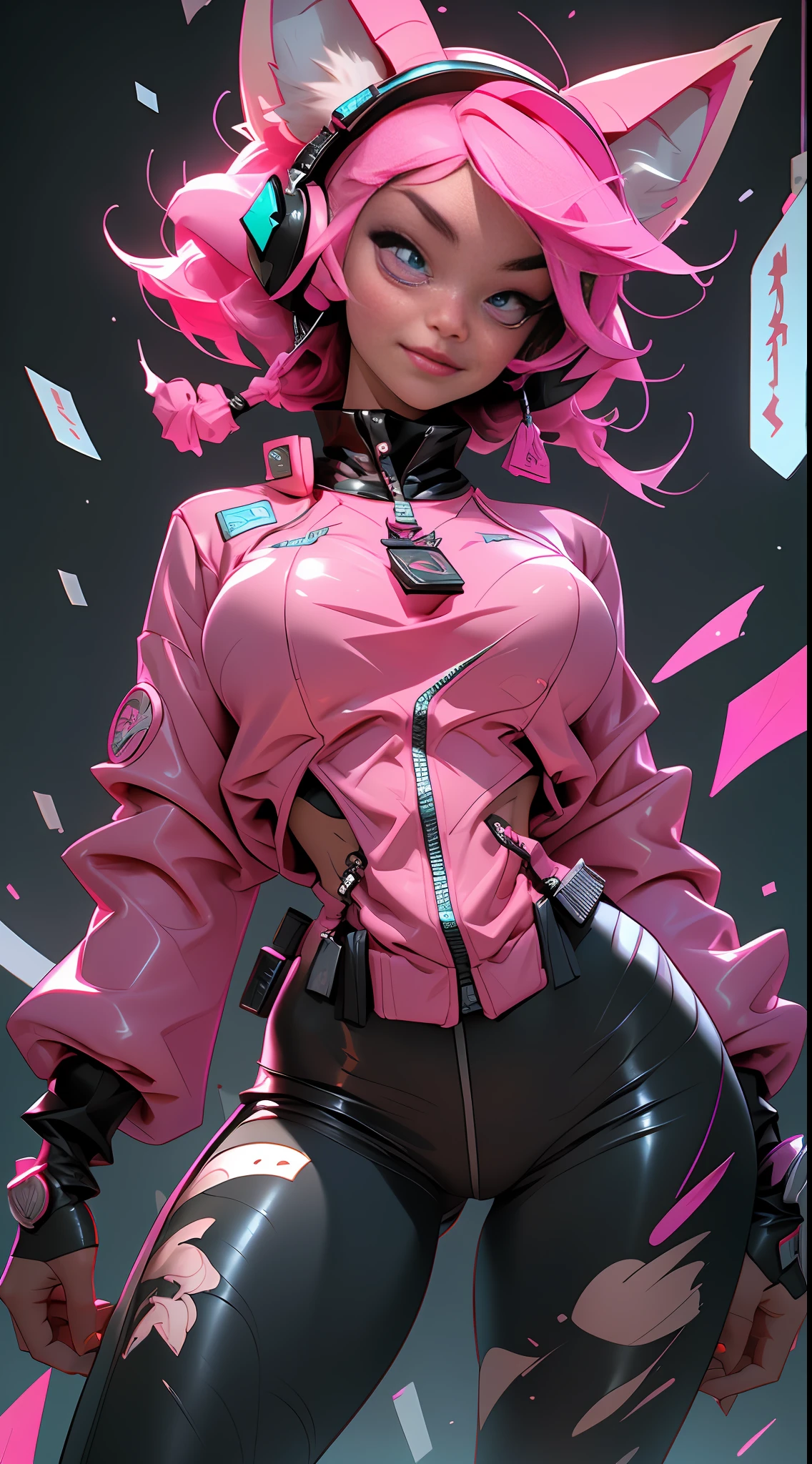 (Best quality), (masterpiece), (realistic) and ultra-Detailed photo of cute girl in futuristic neon headphones with plastic fox ears, She has a (fluffy pink hair), wears leather (unbuttoned) pink-Black racing jacket on a naked body, under which you can see ((huge open erect tits)), (erect nippleslips) , open chest, open tummy,  leather tight shorts,  and exudes a (beautiful and aesthetic) vibe,  sexy body , detailed pupils and iris of eyes, An embarrassed and lustful smile opening his mouth,