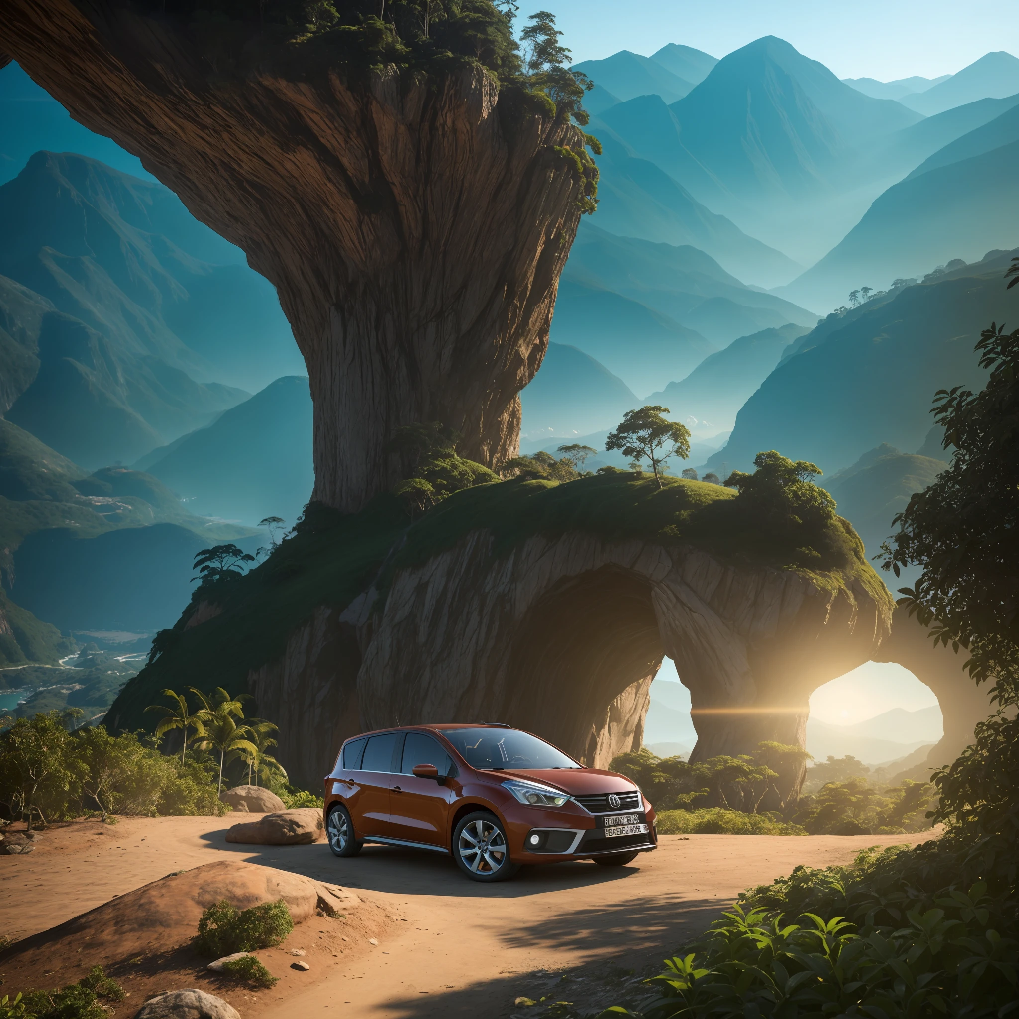 A red car driving down a dirt road near a mountain - SeaArt AI