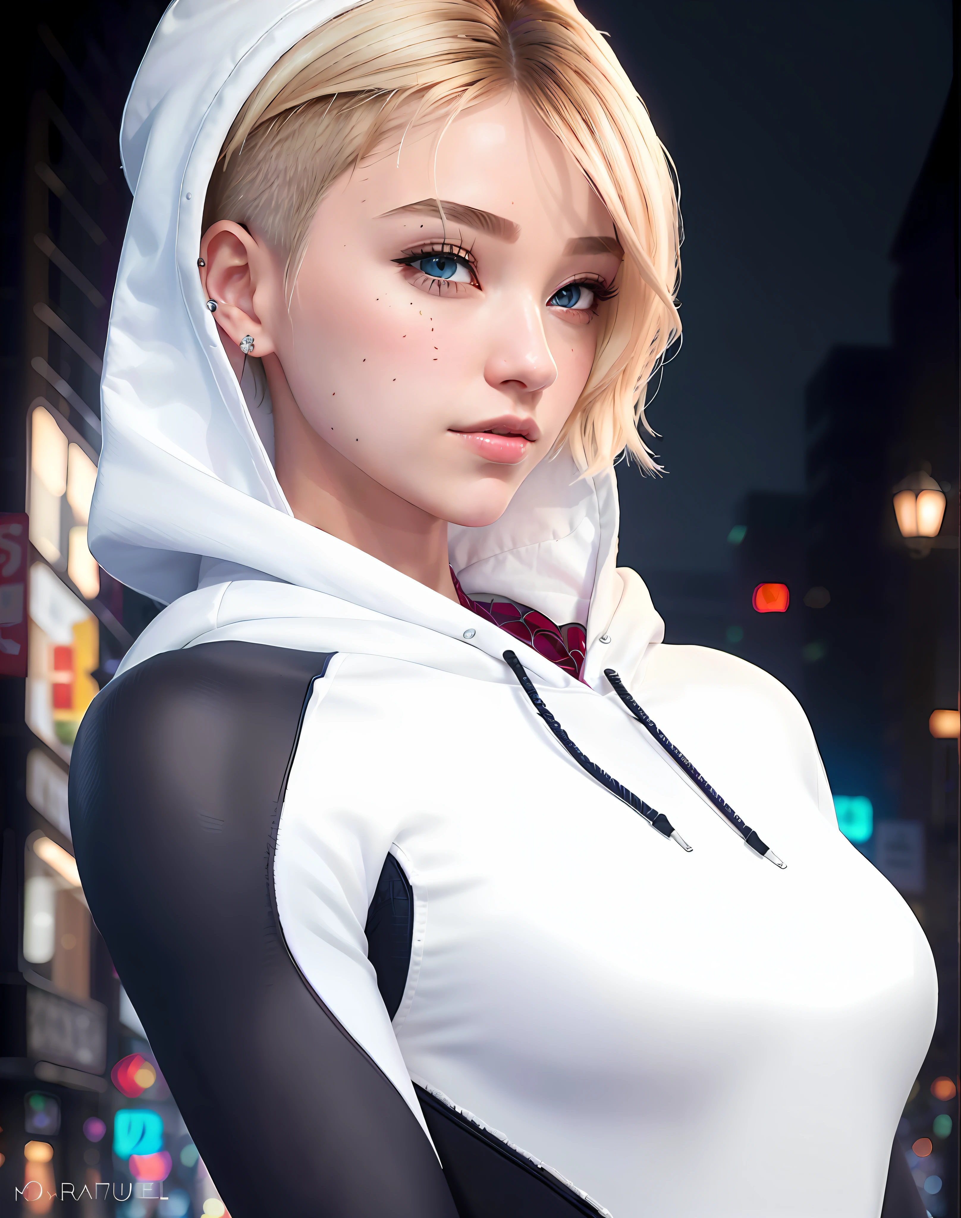 (masterpiece), ((best quality)), parted lips, light_smile, cinematic lighting, ultra-realistic, ((realistic)), (gwen_stacy), blonde_hair, short_hair, solo, sidecut, asymmetrical_hair, parted_lips, eyebrow_piercing, (detailed face), beautiful 1girl, 1girl, looking at viewer, (beautiful detailed eyes), bodysuit, spider-suit, white hoodie, hood_down, portrait, upper_body, (side of head shaved), (small breasts)