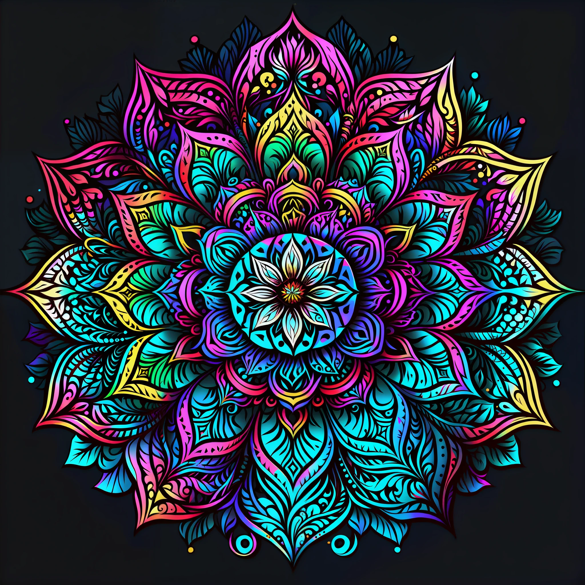 a colorful flower with a black background, colorful mandala, mandala art, lotus mandala, mandala ornament, super detailed color art, mandalas, rainbow gradient bloom, colorful intricate masterpiece, detailed art in color, intricate colorful masterpiece, mandalas, super detailed color art, psychedelic art style, intricate colorful, ornate flower design, vibrant high contrast coloring, multicolored vector art --auto --s2