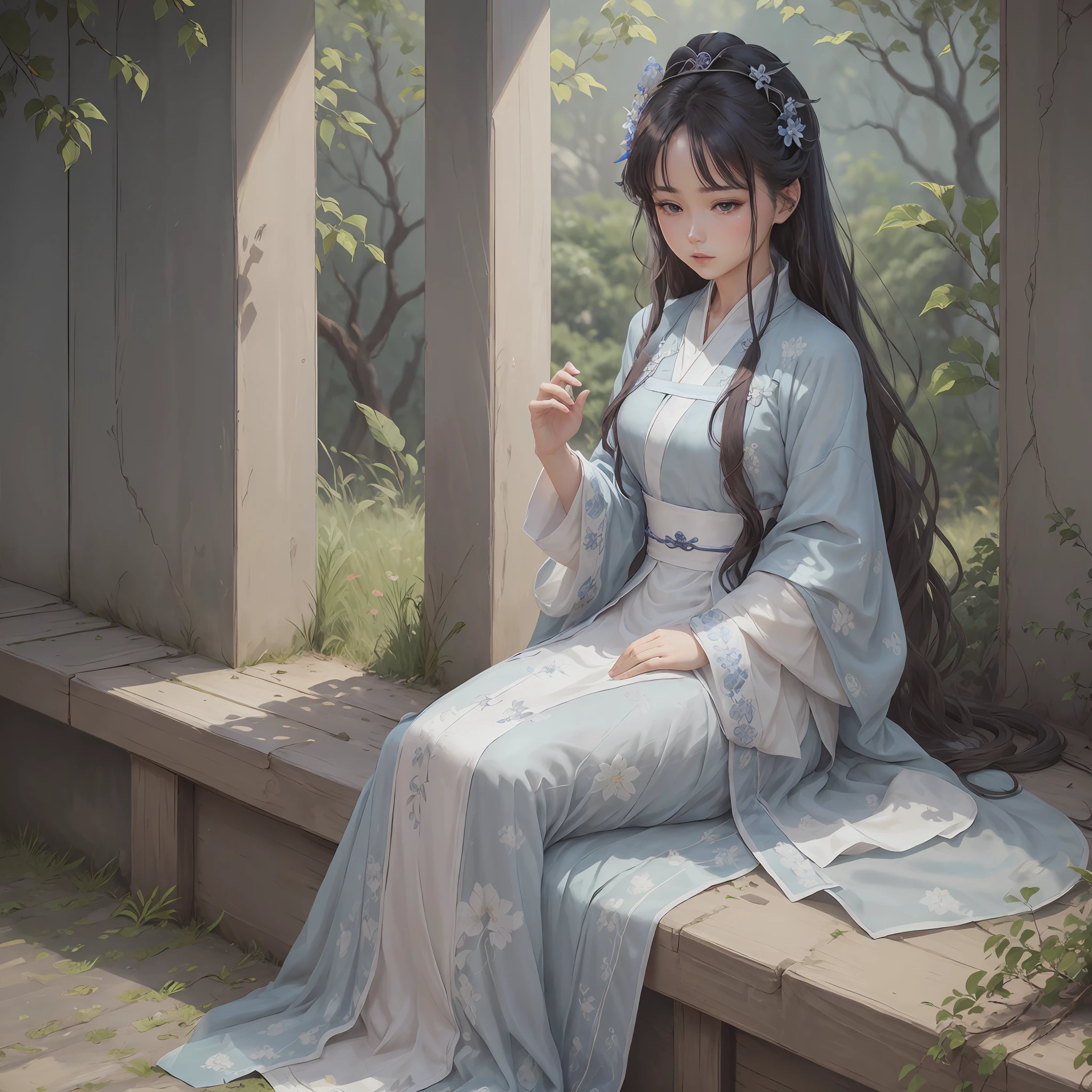 Mujer arafed con un vestido azul sentada bajo un árbol., un dibujo anime de Yang J, pixiv, arte analítico, cabello suelto castaño oscuro y túnicas largas, palacio de ojos azules ， Una chica en Hanfu, hermosa pintura de personajes, hanfu, hanfu blanco, Vistiendo ropas chinas antiguas, vistiendo túnicas sueltas, bellezas chinas antiguas, ((una hermosa emperatriz de fantasía)) --auto --s2