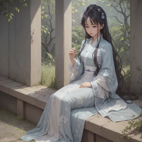 arafed woman in a blue dress sitting under a tree, an anime drawing by Yang J, pixiv, analytical art, dark brown flowing hair an...