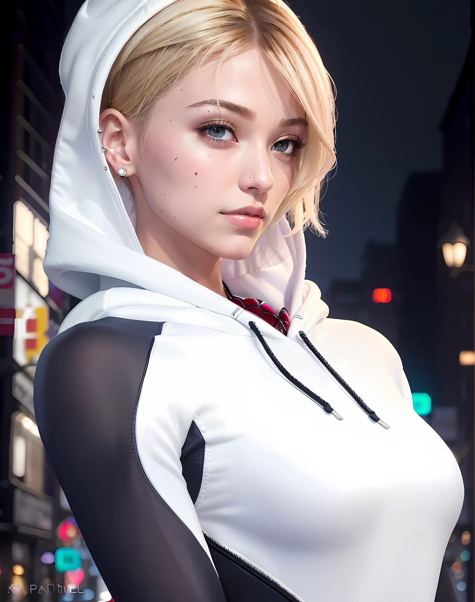 (masterpiece), ((best quality)), parted lips, light_smile, cinematic lighting, ultra-realistic, ((realistic)), (gwen_stacy), blonde_hair, short_hair, solo, sidecut, asymmetrical_hair, parted_lips, eyebrow_piercing, (detailed face), beautiful 1girl, 1girl, looking at viewer, (beautiful detailed eyes), bodysuit, spider-suit, white hoodie, hood_down, portrait, upper_body, (side of head shaved), (small breasts)