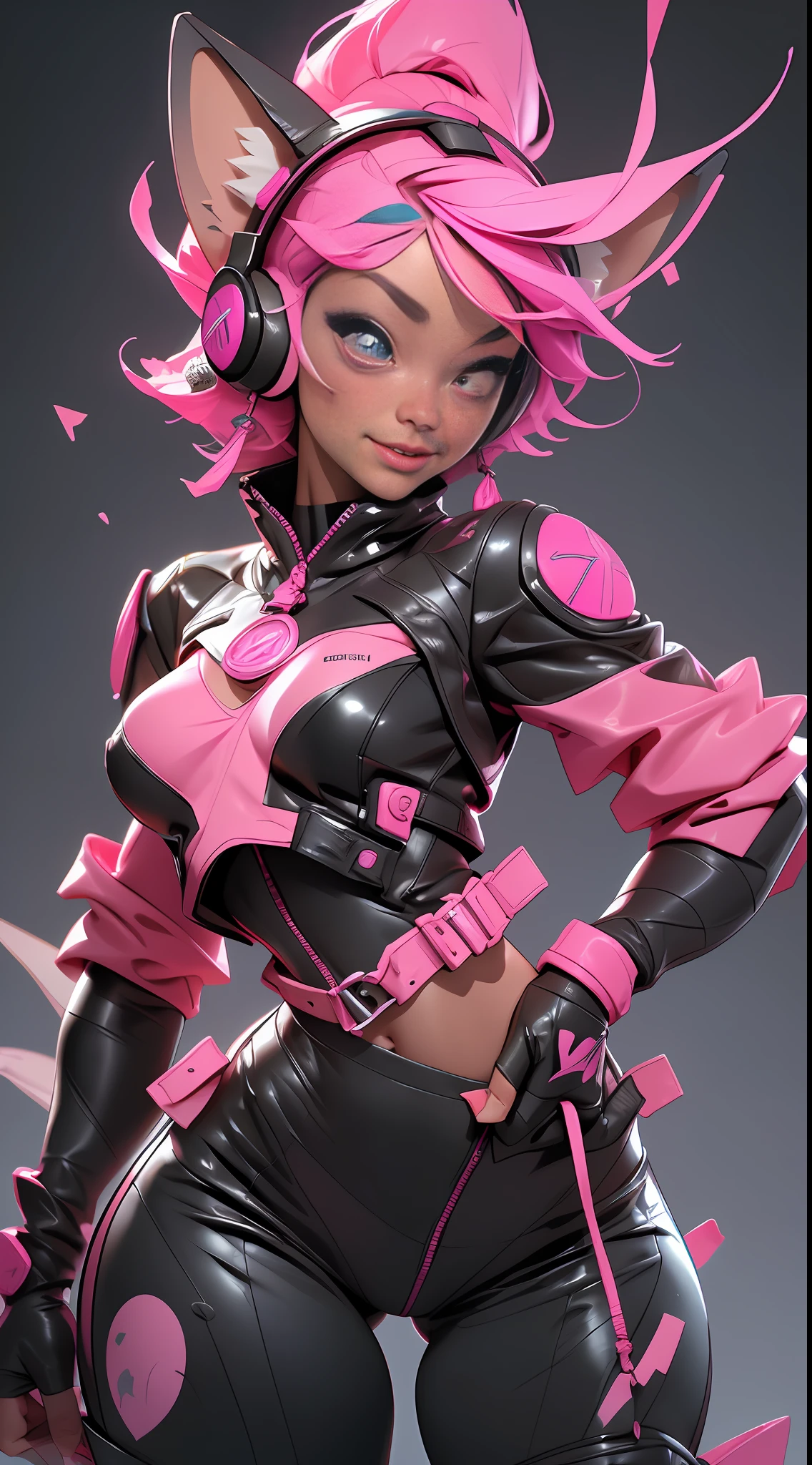 (Best quality), (masterpiece), (realistic) and ultra-Detailed photo of cute girl in futuristic neon headphones with plastic fox ears, She has a (pink hair), wears leather (unbuttoned) pink-Black racing jacket on a naked body, under which we can see ((huge half-open erect tits)), (erect nippleslips), open tummy,  leather tight shorts,  and exudes a (beautiful and aesthetic) vibe,  sexy body , detailed pupils, detailed iris of eyes, An embarrassed and lustful smile opening her mouth,