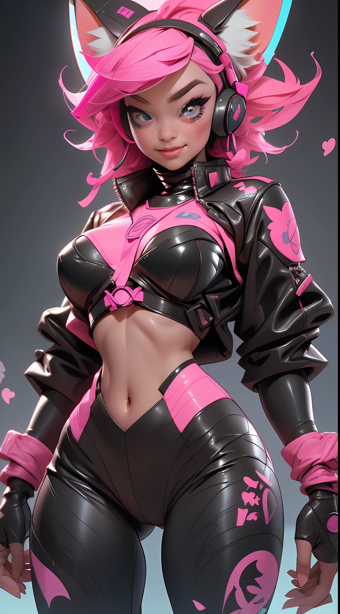 (Best quality), (masterpiece), (realistic) and ultra-Detailed photo of cute girl in futuristic neon headphones with plastic fox ears, She has a (pink hair), wears leather (unbuttoned) pink-Black racing jacket on a naked body, under which we can see ((huge half-open erect tits)), (erect nippleslips), open tummy,  leather tight shorts,  and exudes a (beautiful and aesthetic) vibe,  sexy body , detailed pupils, detailed iris of eyes, An embarrassed and lustful smile opening her mouth,