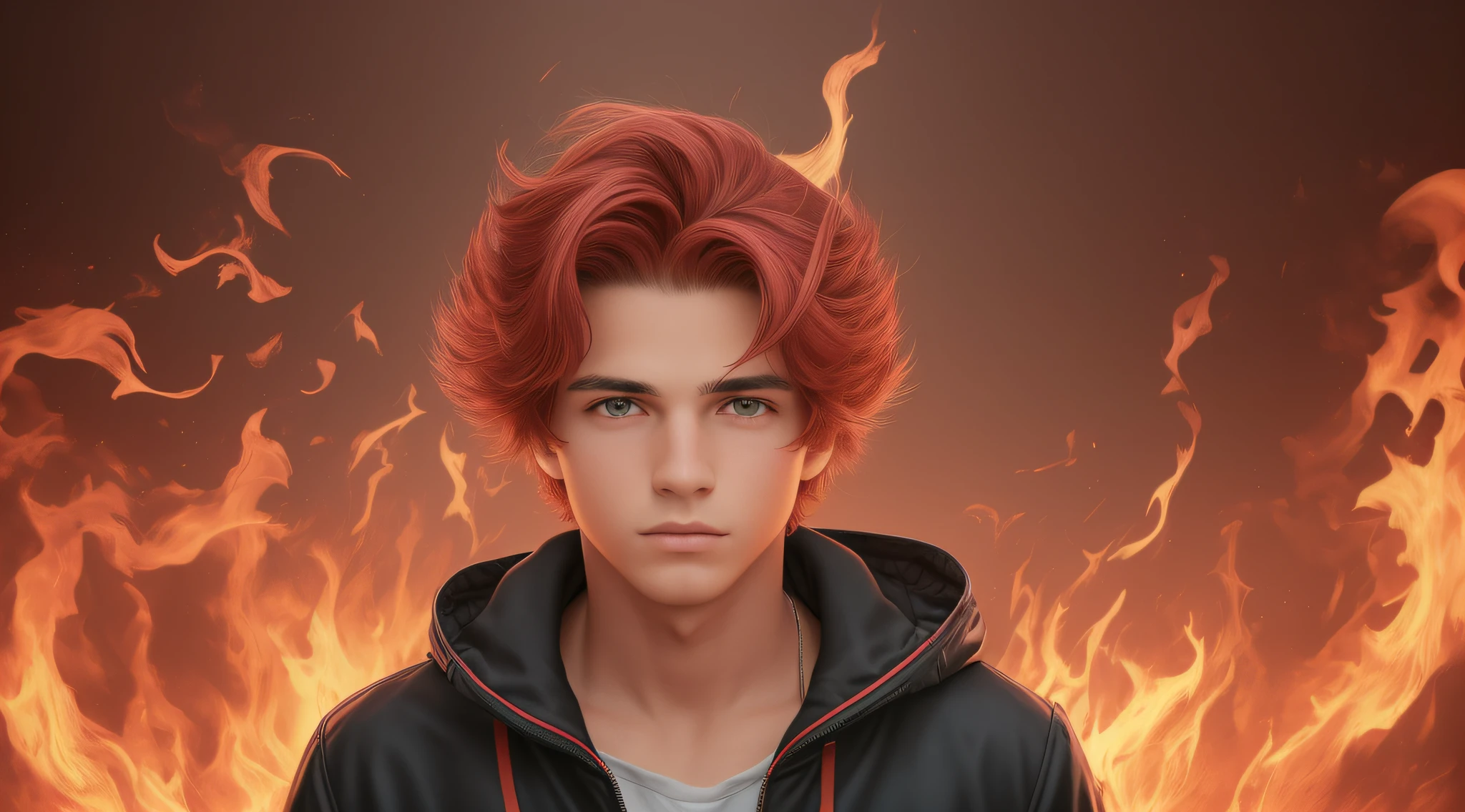best qualityer, work-before, ultra high nothing, photorrealistic, raw-photo, Boy  20 years old, russian blonde long straight hair, with red leather jacket outfit, Estilo Retrato, flames are glowing red flames. --auto --s2