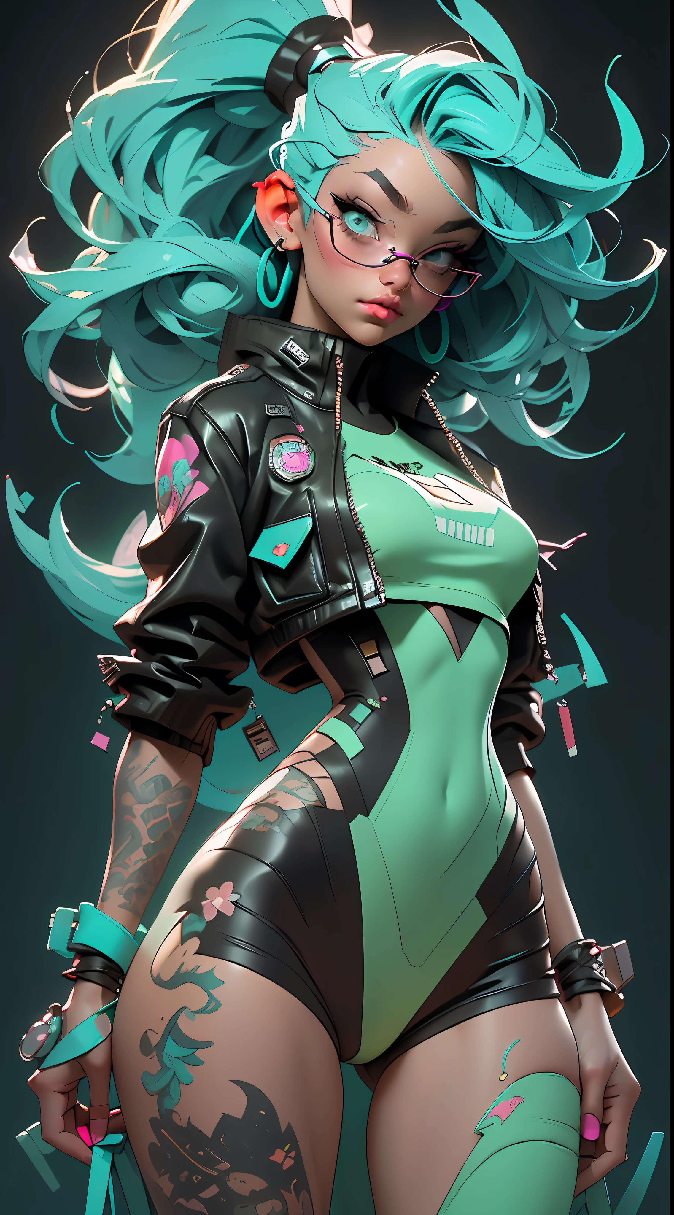 ((Best Quality)), ((Masterpiece)), ((Realistic)) and ultra-detailed photography of a 1nerdy girl with goth and neon colors. She has ((turquoise hair)), wears a techwear jacket and exudes a vibe ((beautiful and aesthetic)), sexy, underboobs, hot