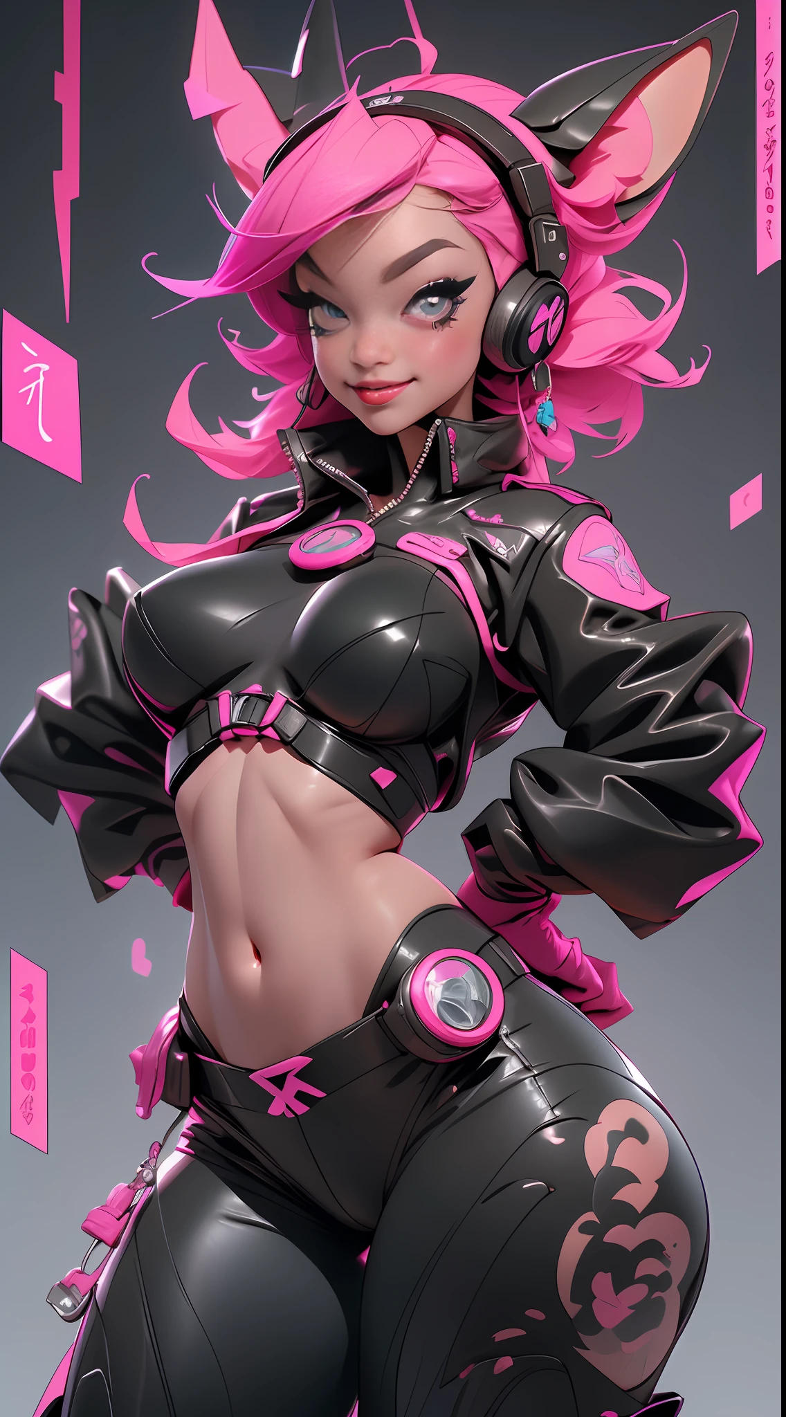 (Best quality), (masterpiece), (realistic) and ultra-Detailed photo of cute girl in futuristic neon headphones with plastic fox ears, She has a (pink hair), wears leather (unbuttoned) pink-Black racing jacket on a naked body, under which we can see ((huge half-open hanging tits)), (erect nippleslips), open tummy,  leather tight shorts,  and exudes a (beautiful and aesthetic) vibe,  sexy body , detailed pupils, detailed iris of eyes, An embarrassed and lustful smile opening her mouth,dynamic pose,