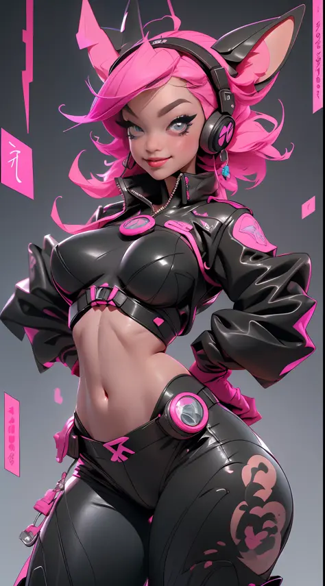 (Best quality), (masterpiece), (realistic) and ultra-Detailed photo of cute girl in futuristic neon headphones with plastic fox ...