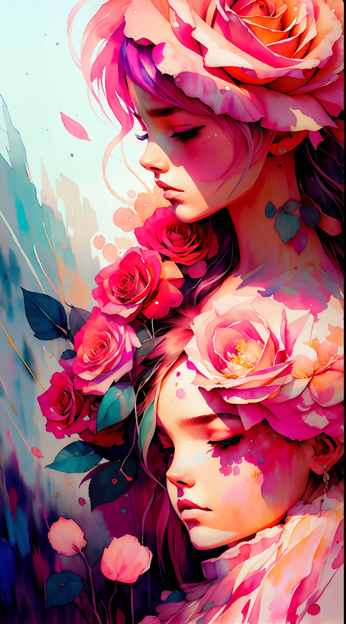 wtrcolor style, (rose) digital art, official art, blown by the wind, masterpiece, beautiful, ((watercolor)), paint splatter, intricate detail. Great detail, [dripping:0.7], Trending on Artstation, Rachel Walker