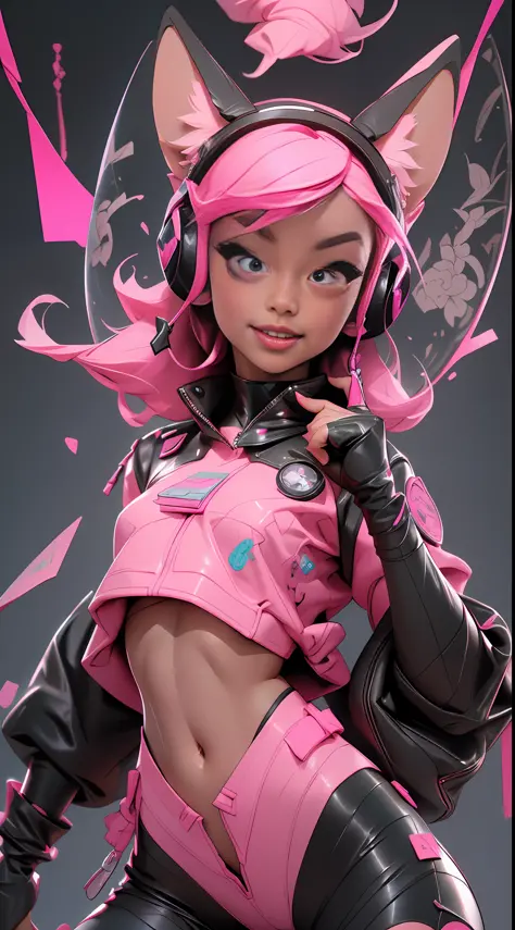 (Best quality), (masterpiece), (realistic) and ultra-Detailed photo of cute girl in futuristic neon headphones with plastic fox ears, She has a (pink hair), wears leather (unbuttoned) pink-Black racing jacket on a naked body, under which we can see ((huge ...