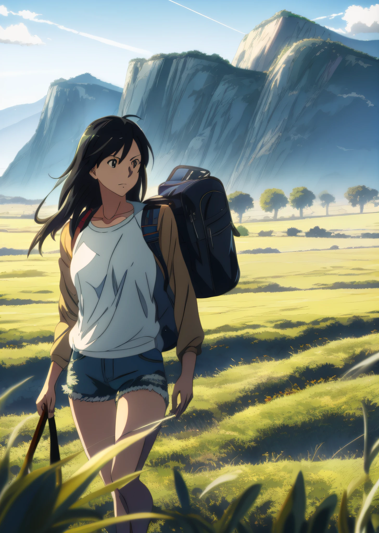 Menina anime com mochila andando por um campo de grama, Makoto Shinkai Estilo de Arte, Estilo de Makoto Shinkai, ( ( Makoto Shinkai ) ), em estilo de Makoto Shinkai, Makoto Shinkai filme, Makoto Shinkai Cirilo Rolando, Makoto Shinkai e Bioware, estúdio glibly Makoto Shinkai