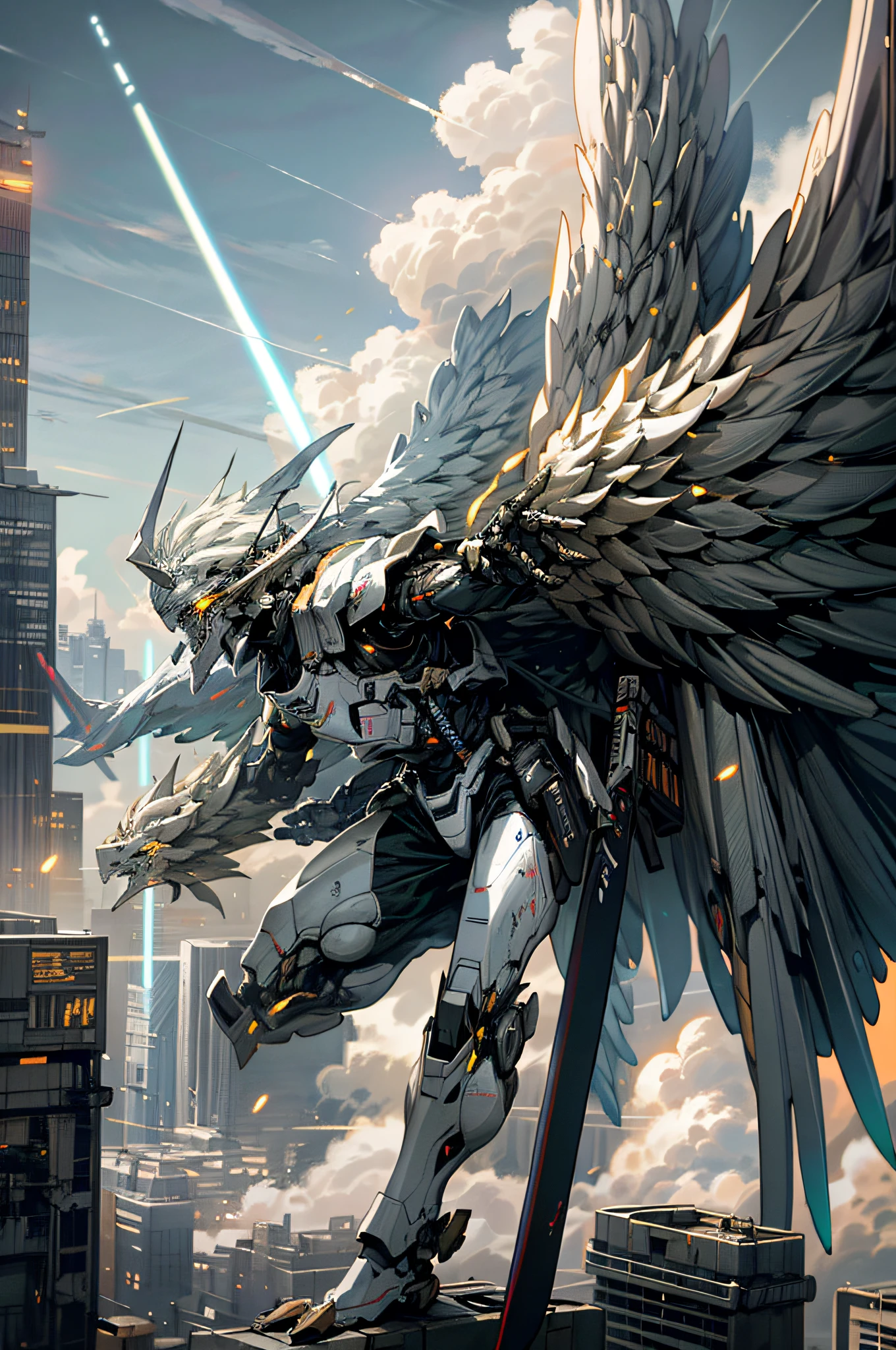 天空,雲,(持有武器),發光的,機器人,大樓,發光的 eyes,機甲,科幻小说,城市著火,實際的,機甲,機甲nical wings,(機器人 wings),dragon-shaped 機器人,发光武器,光劍,战争中的城市,1男孩,
