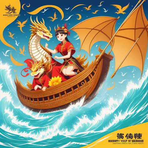 There is a greeting card， The theme is："Blessing of Kim Momo" cartoon drawing of dragons and people on board，poster illustration，poster design，illustrated poster，festive，a beautiful artwork illustration，😃😀😄☺🙃😉😗，yellow dragon head festival，Trends on CGiStat...