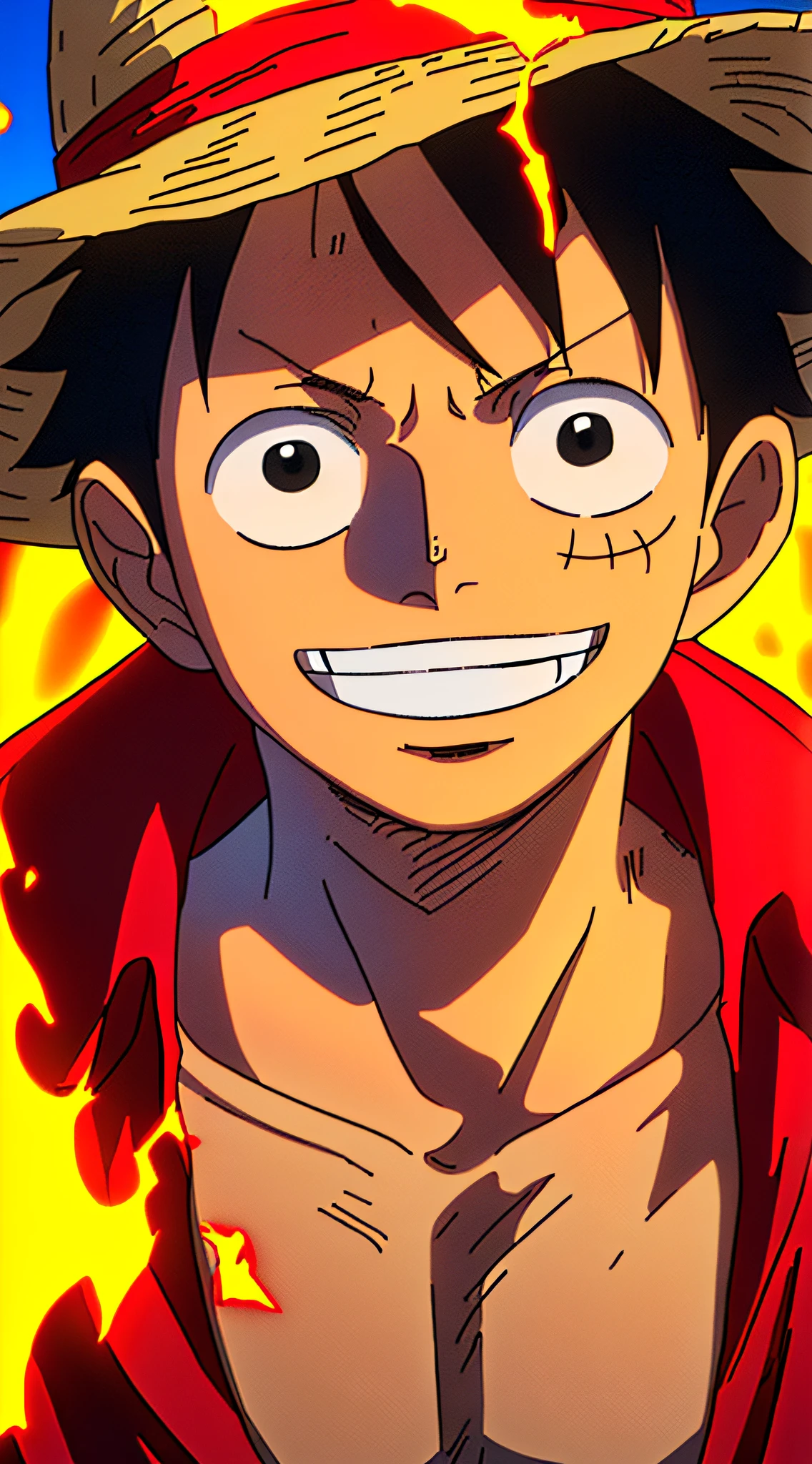 1boy, wanostyle, monkey d luffy, smiling, straw hat, looking at viewer, solo, upper body, ((masterpiece)), (best quality), (extremely detailed), depth of field, sketch, dark intense shadows, sharp focus, soft lighting, hdr, colorful, good composition, fire all around, spectacular, closed shirt, anime screencap, scar under eye, ready to fight, black eyes