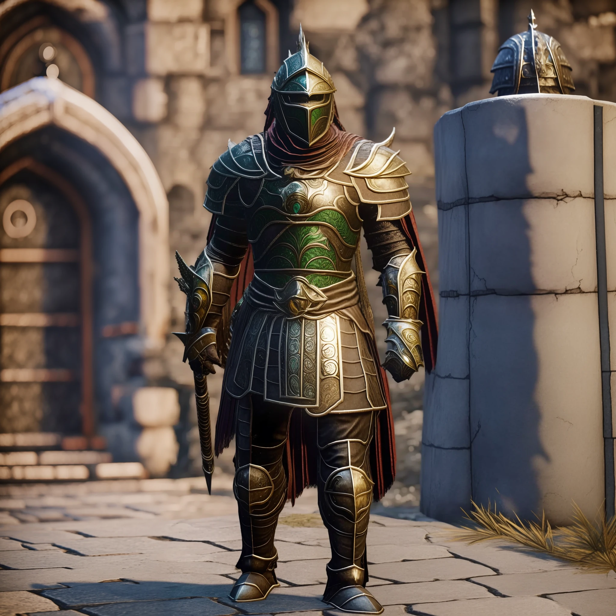 there is a man in a helmet and a helmet standing in front of a stone building, iron rudder, Whiterun Retention, wearing ornate helmet, wearing a dark heavy plate armor, wearing daedric armor, from skyrim, Armadura Daedric, heavy knight helmet, using current armor, wearing intricate steel armor, argonian, eso armor, elderscrolls