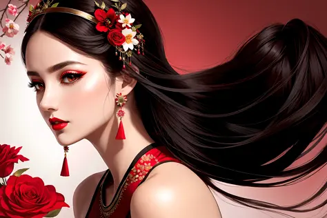 A delicate and beautiful maiden，disheveled hair，High cooling temperament，Dan Phoenix Eye，red lips，black hair，Red earrings，Design-inspired hairstyle，Hairpin headdress，tight yoga pants，Elegant and beautiful，Close-up of the，Beautiful flower background paintin...