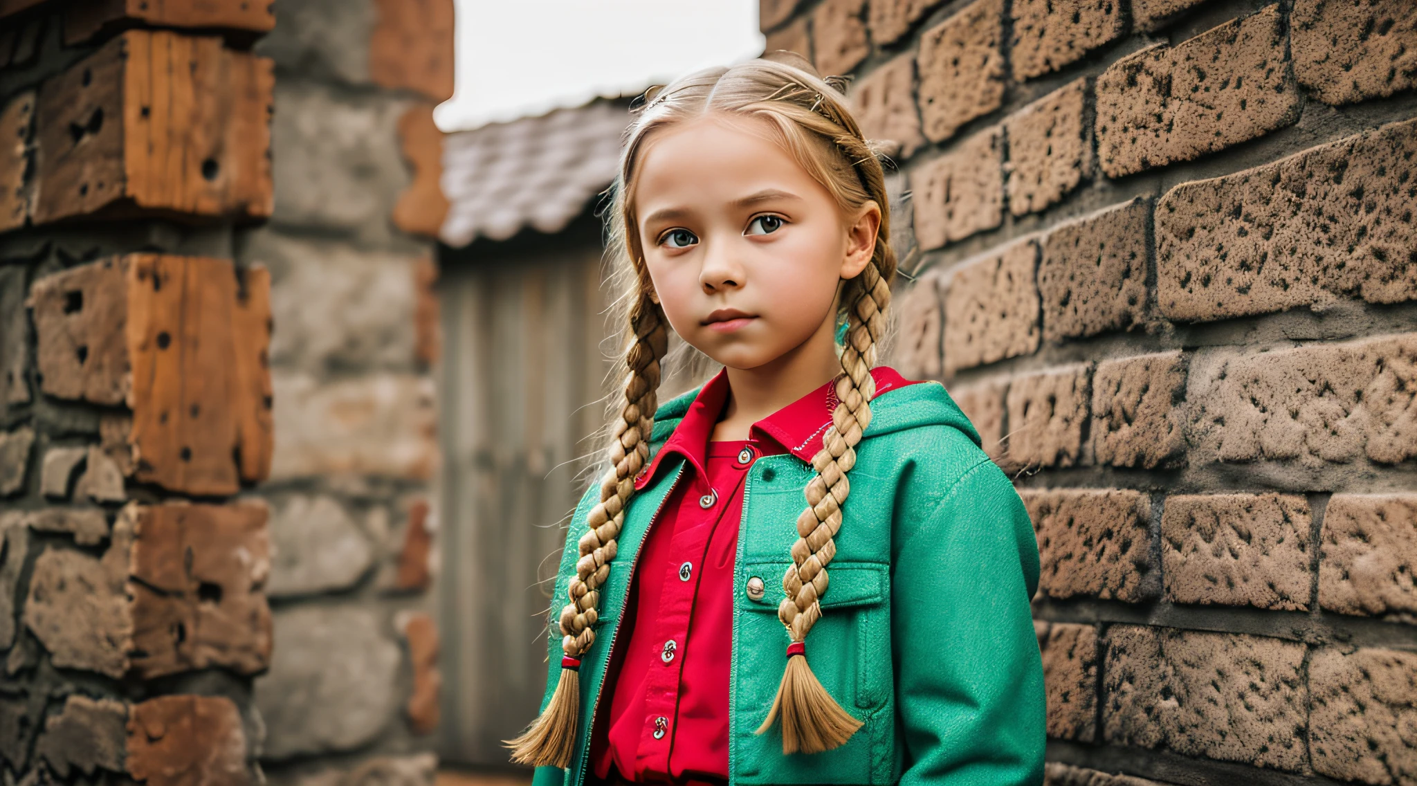 Girl child 10 years old, Russian blonde in braids, com roupa de jaqueta de couro vermelha, fundo de bolas de fogo verde. --auto --s2