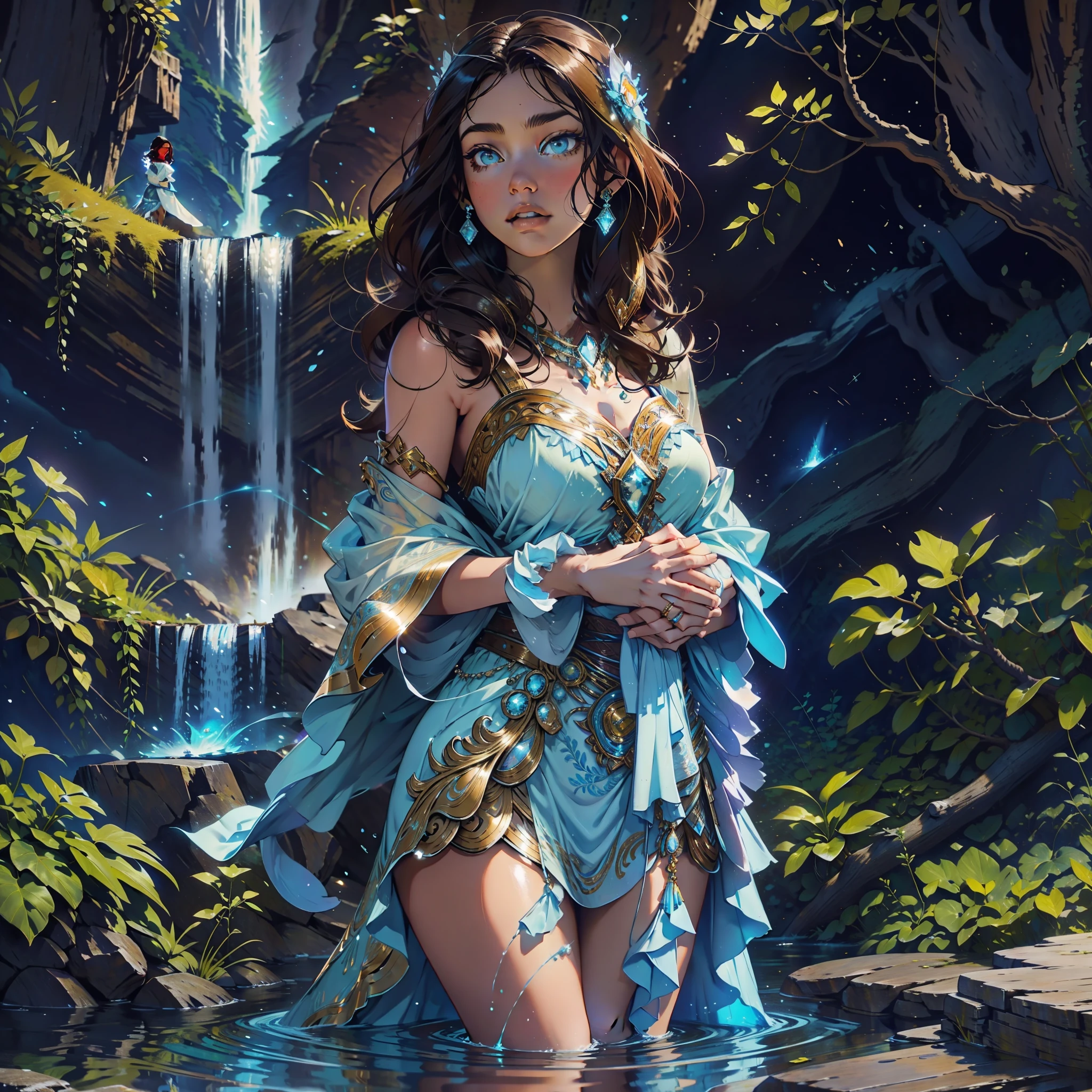 A brunette woman is standing at a majestic waterfall that glows a soft blue hue as it falls down the body of the woman who feels peace in that place