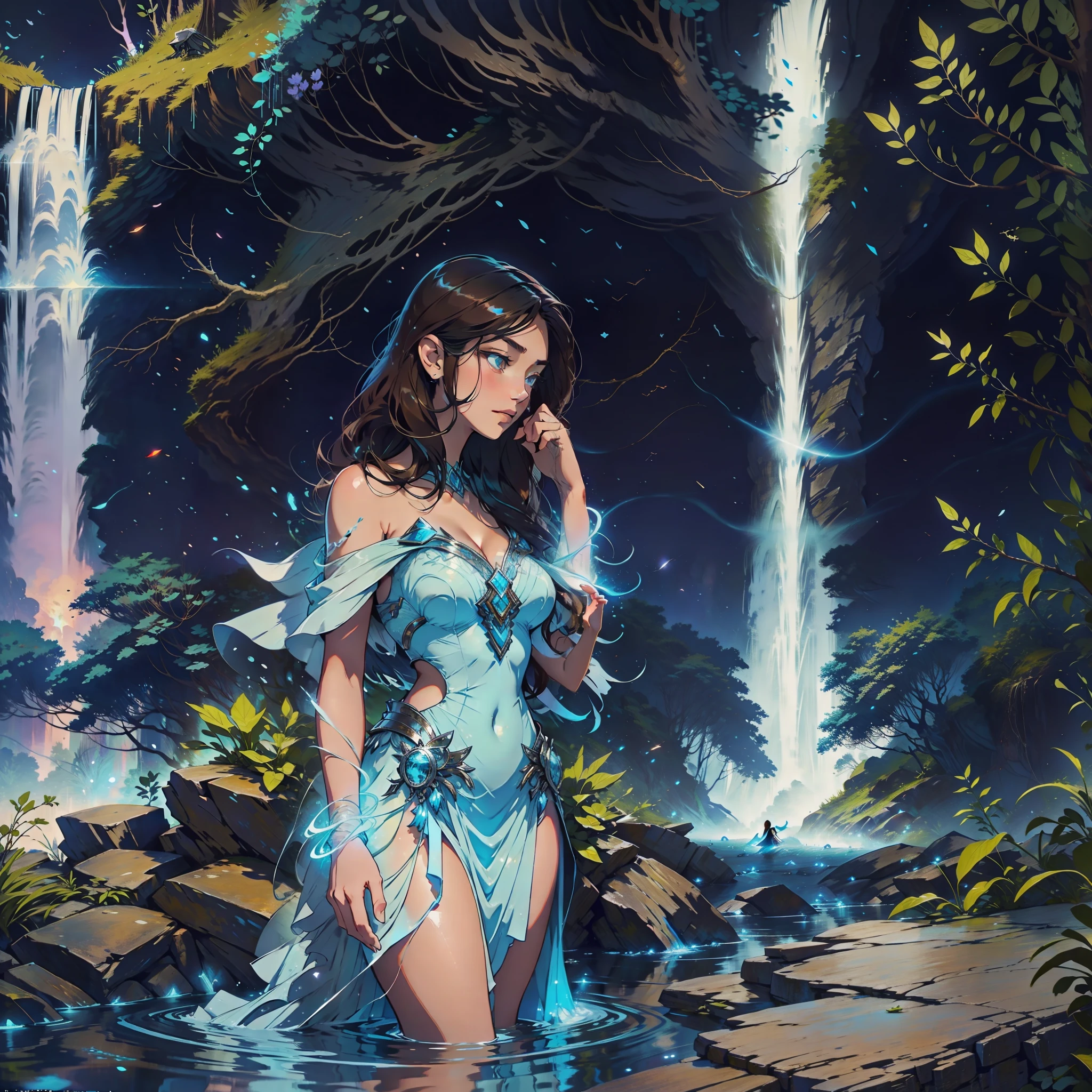 A brunette woman is standing at a majestic waterfall that glows a soft blue hue as it falls down the body of the woman who feels peace in that place