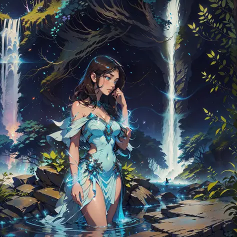 A brunette woman is standing at a majestic waterfall that glows a soft blue hue as it falls down the body of the woman who feels...