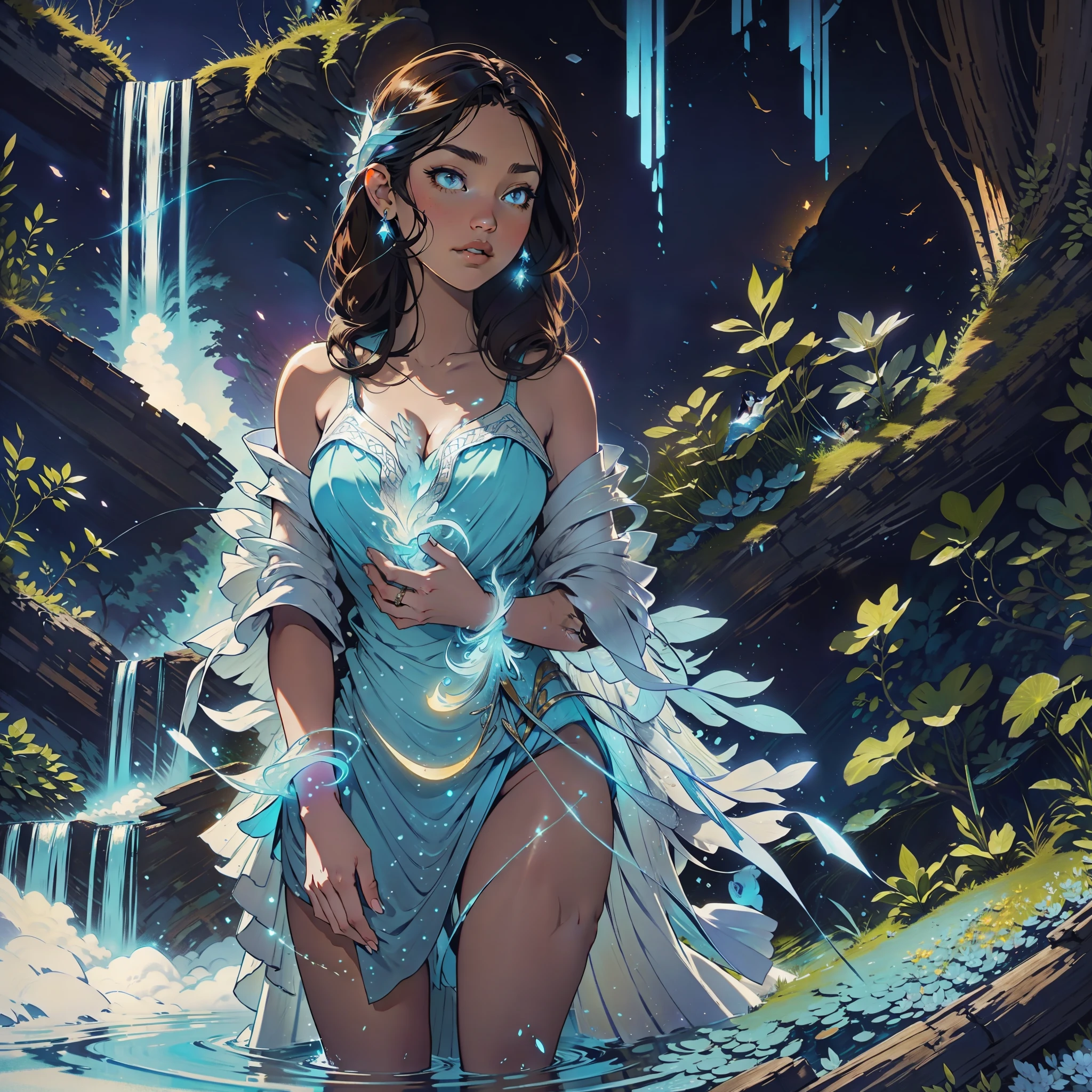 Uma mulher morena está parada em uma majestosa cachoeira que brilha em um suave tom azul enquanto cai pelo corpo da mulher que sente paz naquele lugar