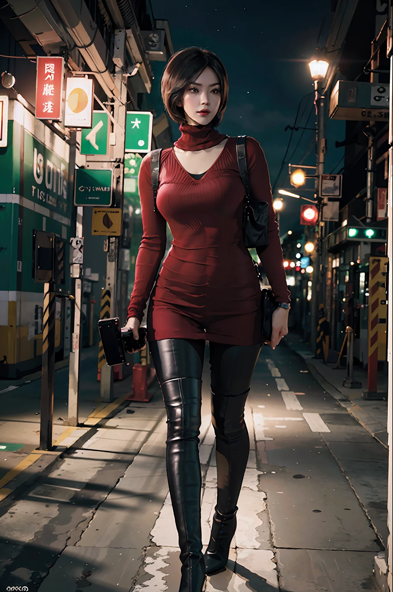 On a dark street at night, ada wong, RENaked women 4, red sweater dress, high collar, ribbed sweater, knee high boots, black pantyhose, harness, best qualityer, ​masterpiece, Ultra High Resolution, (photorealistic nude woman:1 naked woman.Naked women 4), 1 naked womanmenina