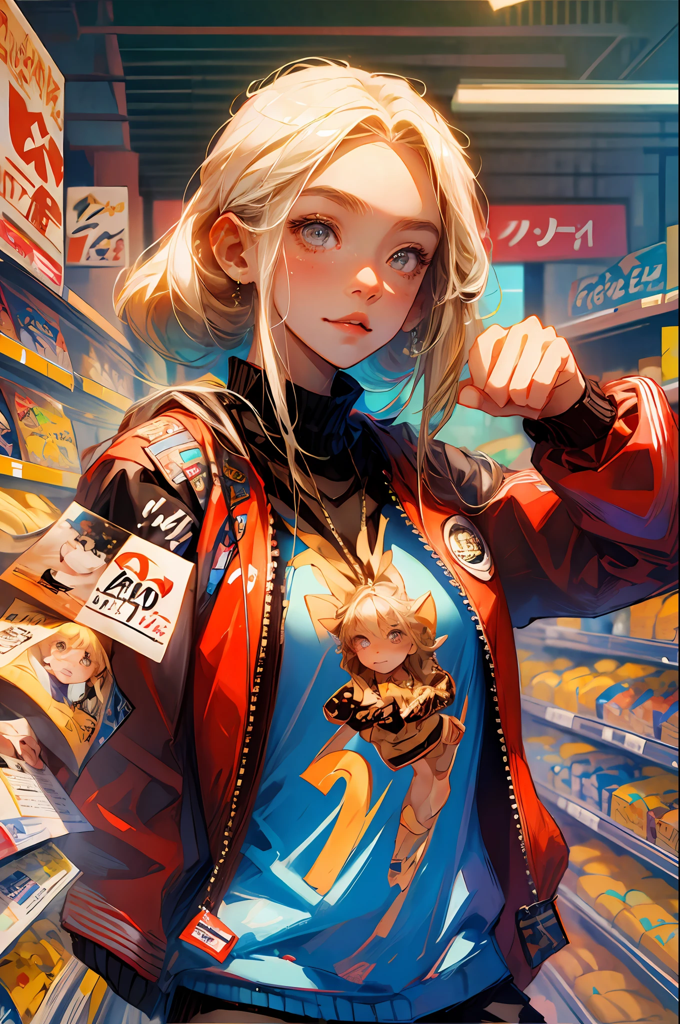 anime girl, blonde hair, brown eyes, competitive smile, varsity jacket, thumbs up pose, crouch pose, supermarket background --auto --s2