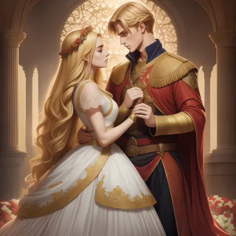 Casal se beija um home e uma mulher com muito carinho, the man Neels Visser is a prince who has golden blonde hair, wears a medi...