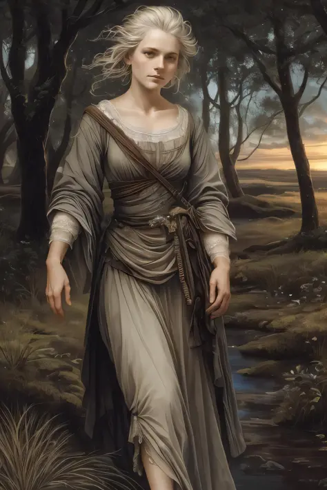 close up of 1 woman, old, of icelandic descent, bard walking in the forest, at sunset, beautiful face, beautiful sky, (oil painting), classical art:0.4, detailed, intricate, (fantasy art), muted color:0.25, best quality, good anatomy, good composition, goo...