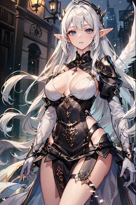 ((4k,masterpiece,best quality)), maxiskit, dress conservatively 1 girl, solo, standing, white hair, long hair, elf ears, Valkyrie, armor, angel, white bra, side bang, from front, extra size body, look at viewer