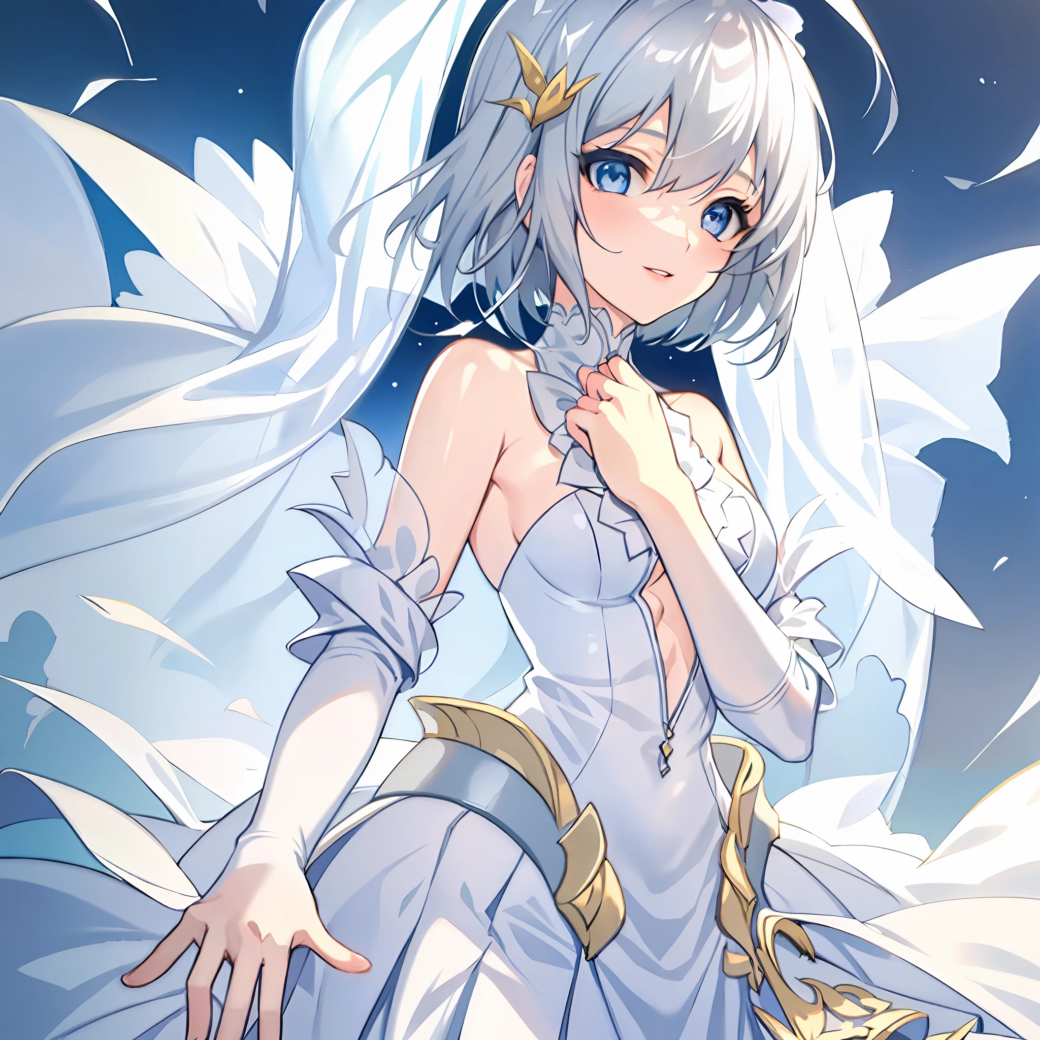 18 year old beautiful girl, masterpiece, top quality, 8K animation, detailed fingers, precise fingers, not unnatural hands, illustration, 1 girl, solo, silver hair bob cut, white veil, ORIGAMI