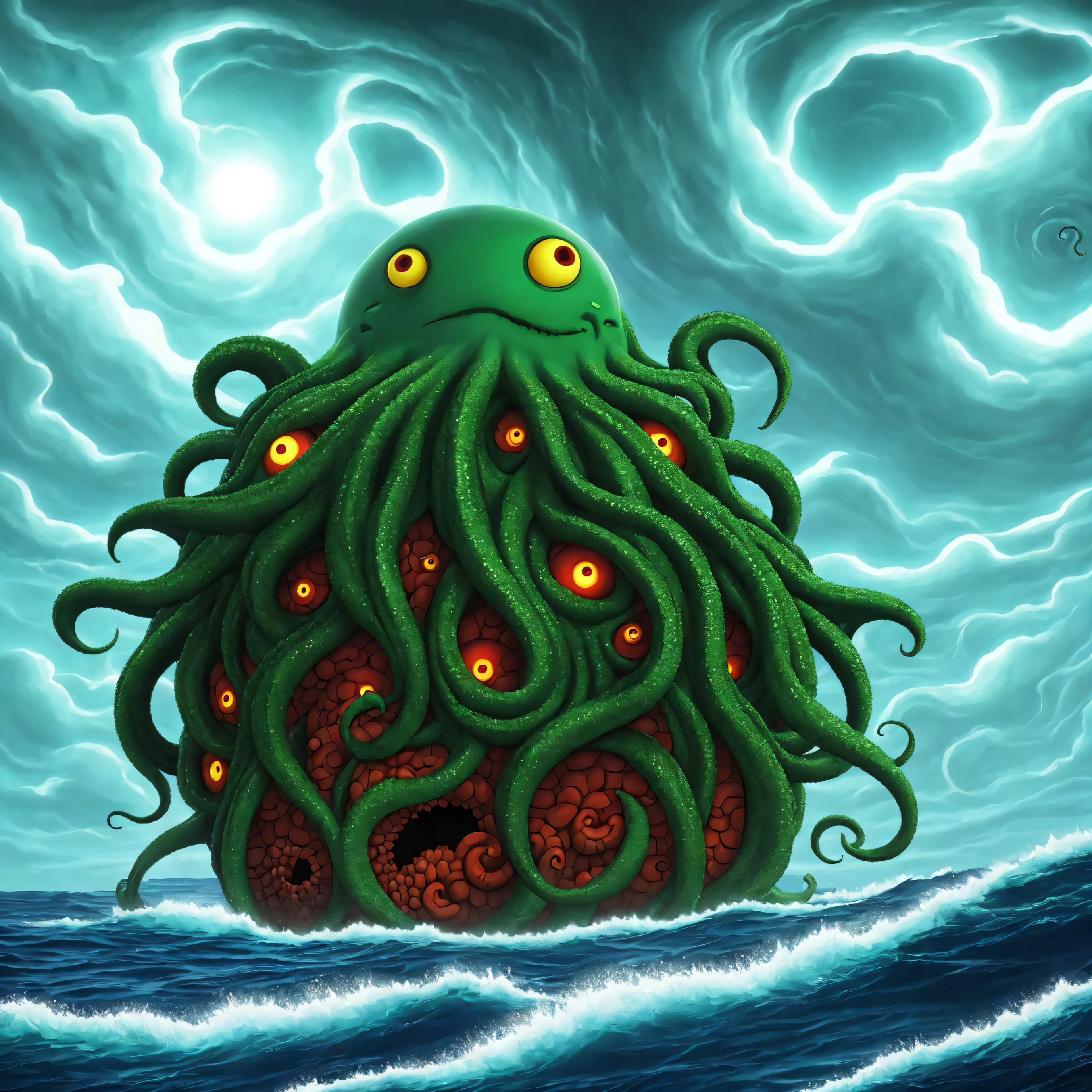 Cthulhu rising from the sea in a great storm, based on H.P Lovecraft stories, Naoto Hattori