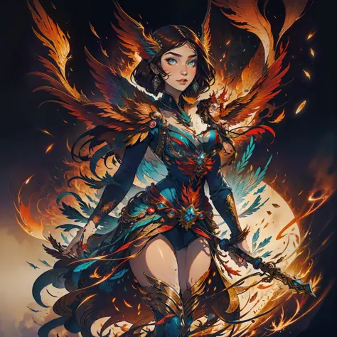 a majestic brunette woman standing on a crutch made of pieces of phoenix wings enveloping her in flames