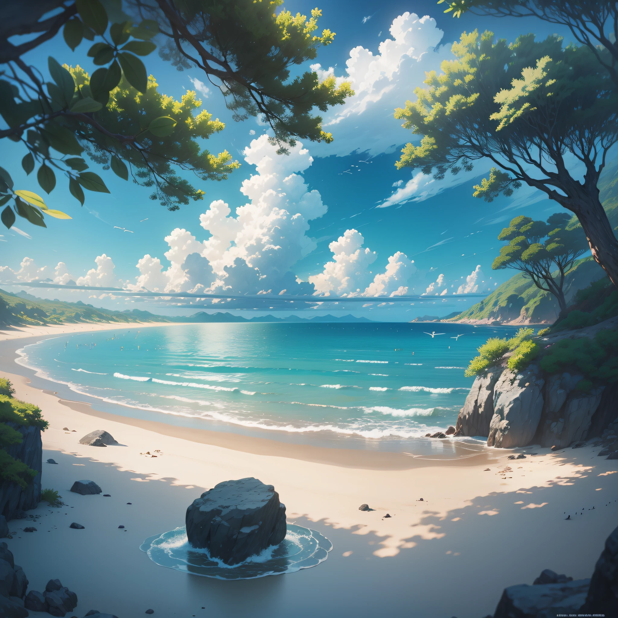 there are many birds flying over the water on the beach,  blue water, detailed scenery —width 672,, anime sky, anime scenery, Beautiful scenery of Paia, 4 k manga wallpaper, nuvens de anime , azure sky, anime  bela cena de paz, fundo do filme anime, lindas nuvens inchadas., paisagem anime --auto --s2