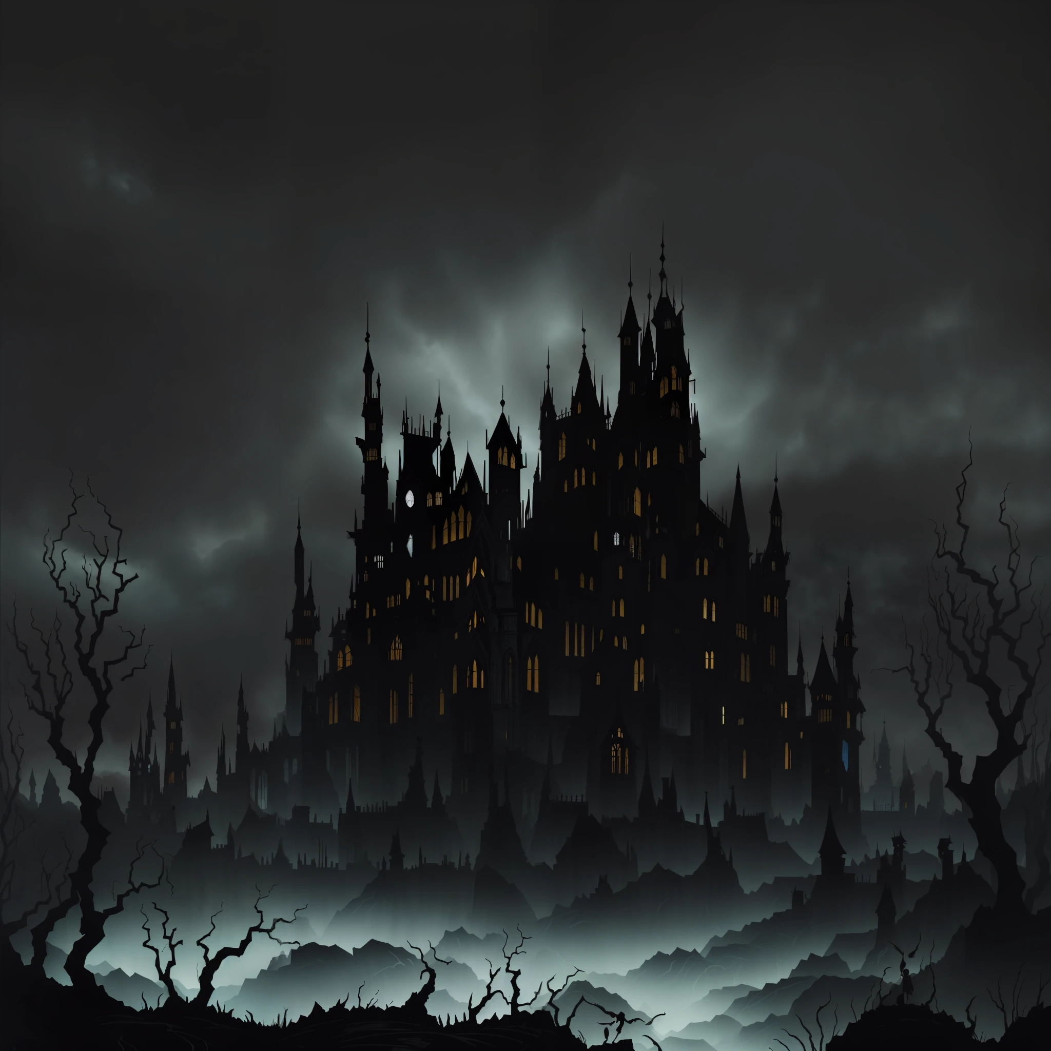 The image depicts a dark and macabre scenario, envolto em tons escuros e contrastantes. Ao fundo, There is an imposing and decrepit Gothic mansion, whose towers reach into the night sky. Its stone walls are worn down by time and decay, reinforcing the atmosphere of abandonment and melancholy.

The starry sky is laden with heavy, dark clouds, sugerindo uma tempestade iminente. Lightning cuts the horizon, casting brief flashes that illuminate the surroundings and reveal ominous details. The full moon hovers in the sky, shrouded in a spectral aura that highlights his supernatural presence.

In front of the mansion, there is an abandoned garden, onde as plantas murchas e espinhosas crescem de forma desordenada. Gnarled, leafless trees cast ominous shadows over the terrain. Flores mortas e negras desabrocham em espirais distorcidas, evoking a sense of decaying life.

No centro da imagem, destaca-if a lone human figure. She's standing, vestida com roupas rasgadas e esfarrapadas, conveying an air of despair and anguish. His face is shaded and expresses a mixture of terror and pain. The person holds his hands on his face, as if he were suffering and struggling with an inner anguish.

The figure is surrounded by ominous shadows that stretch and writhe across the ground, looking prenymized-la no lugar. These shadows create an illusion of movement and the feeling that the character is trapped in an endless nightmare.

Lighting in the scene is sparse, focusing on specific points to highlight elements-key and increase the sense of mystery and suspense. The predominant colors are shades of black, cinza, marrom e roxo profundo, criando um ambiente sombrio e sufocante.

No conjunto, The illustration of the Gothic style with depth seeks to capture the essence of anxiety and despair. It depicts a melancholic world, oppressive and charged with negative emotions, where the viewer is immersed in a whirlwind of dark feelings.