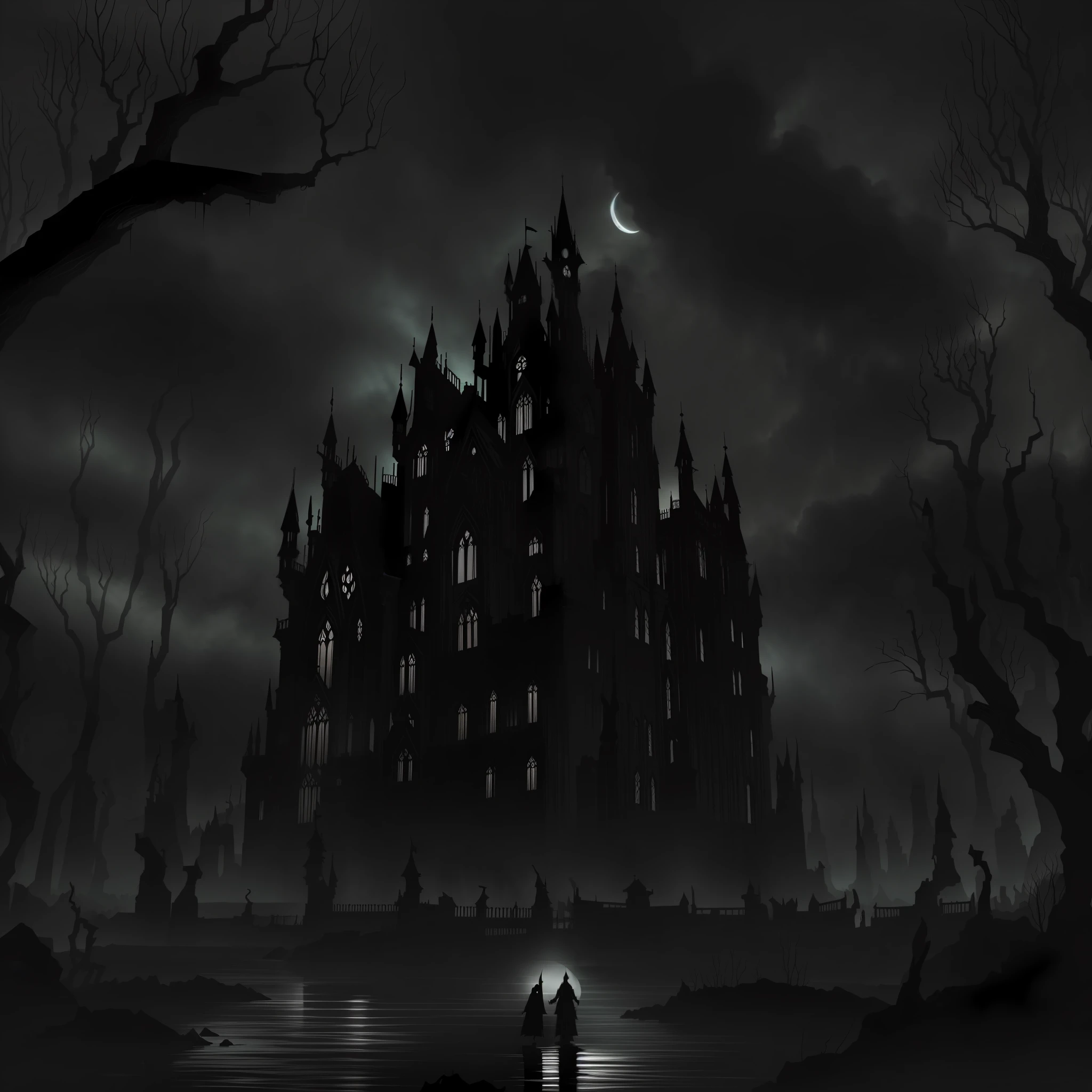 The image depicts a dark and macabre scenario, envolto em tons escuros e contrastantes. Ao fundo, There is an imposing and decrepit Gothic mansion, whose towers reach into the night sky. Its stone walls are worn down by time and decay, reinforcing the atmosphere of abandonment and melancholy.

The starry sky is laden with heavy, dark clouds, sugerindo uma tempestade iminente. Lightning cuts the horizon, casting brief flashes that illuminate the surroundings and reveal ominous details. The full moon hovers in the sky, shrouded in a spectral aura that highlights his supernatural presence.

In front of the mansion, there is an abandoned garden, onde as plantas murchas e espinhosas crescem de forma desordenada. Gnarled, leafless trees cast ominous shadows over the terrain. Flores mortas e negras desabrocham em espirais distorcidas, evoking a sense of decaying life.

No centro da imagem, destaca-if a lone human figure. She's standing, vestida com roupas rasgadas e esfarrapadas, conveying an air of despair and anguish. His face is shaded and expresses a mixture of terror and pain. The person holds his hands on his face, as if he were suffering and struggling with an inner anguish.

The figure is surrounded by ominous shadows that stretch and writhe across the ground, looking prenymized-la no lugar. These shadows create an illusion of movement and the feeling that the character is trapped in an endless nightmare.

Lighting in the scene is sparse, focusing on specific points to highlight elements-key and increase the sense of mystery and suspense. The predominant colors are shades of black, cinza, marrom e roxo profundo, criando um ambiente sombrio e sufocante.

No conjunto, The illustration of the Gothic style with depth seeks to capture the essence of anxiety and despair. It depicts a melancholic world, oppressive and charged with negative emotions, where the viewer is immersed in a whirlwind of dark feelings.