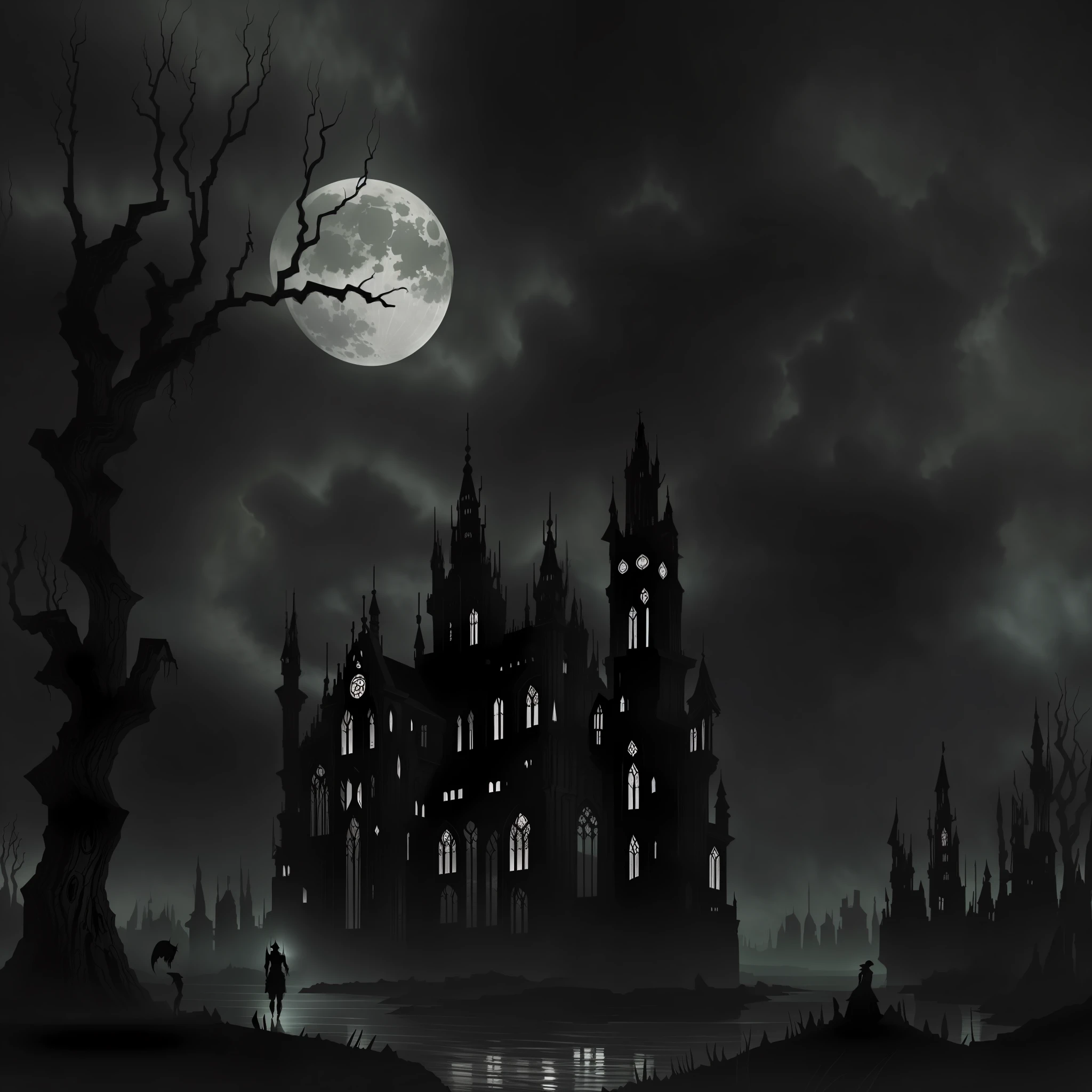 The image depicts a dark and macabre scenario, envolto em tons escuros e contrastantes. Ao fundo, There is an imposing and decrepit Gothic mansion, whose towers reach into the night sky. Its stone walls are worn down by time and decay, reinforcing the atmosphere of abandonment and melancholy.

The starry sky is laden with heavy, dark clouds, sugerindo uma tempestade iminente. Lightning cuts the horizon, casting brief flashes that illuminate the surroundings and reveal ominous details. The full moon hovers in the sky, shrouded in a spectral aura that highlights his supernatural presence.

In front of the mansion, there is an abandoned garden, onde as plantas murchas e espinhosas crescem de forma desordenada. Gnarled, leafless trees cast ominous shadows over the terrain. Flores mortas e negras desabrocham em espirais distorcidas, evoking a sense of decaying life.

No centro da imagem, destaca-if a lone human figure. She's standing, vestida com roupas rasgadas e esfarrapadas, conveying an air of despair and anguish. His face is shaded and expresses a mixture of terror and pain. The person holds his hands on his face, as if he were suffering and struggling with an inner anguish.

The figure is surrounded by ominous shadows that stretch and writhe across the ground, looking prenymized-la no lugar. These shadows create an illusion of movement and the feeling that the character is trapped in an endless nightmare.

Lighting in the scene is sparse, focusing on specific points to highlight elements-key and increase the sense of mystery and suspense. The predominant colors are shades of black, cinza, marrom e roxo profundo, criando um ambiente sombrio e sufocante.

No conjunto, The illustration of the Gothic style with depth seeks to capture the essence of anxiety and despair. It depicts a melancholic world, oppressive and charged with negative emotions, where the viewer is immersed in a whirlwind of dark feelings.