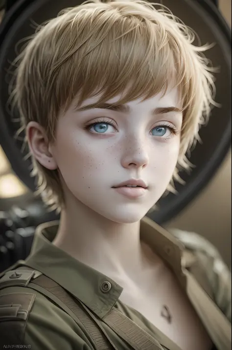 Highest quality, (dramatic lighting:0.7), masterpiece, high angle shot, RAW photo of (pale 21 year old woman with short hair, looking up at the viewer), cute, (wearing Tattered combat fatigues, Disheveled), (sitting inside a tank), portrait, perfect face, ...