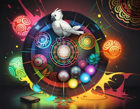 Cockatoo, vibrant colors, glowing orbs, masterpiece, best quality, ((In Mandala style))