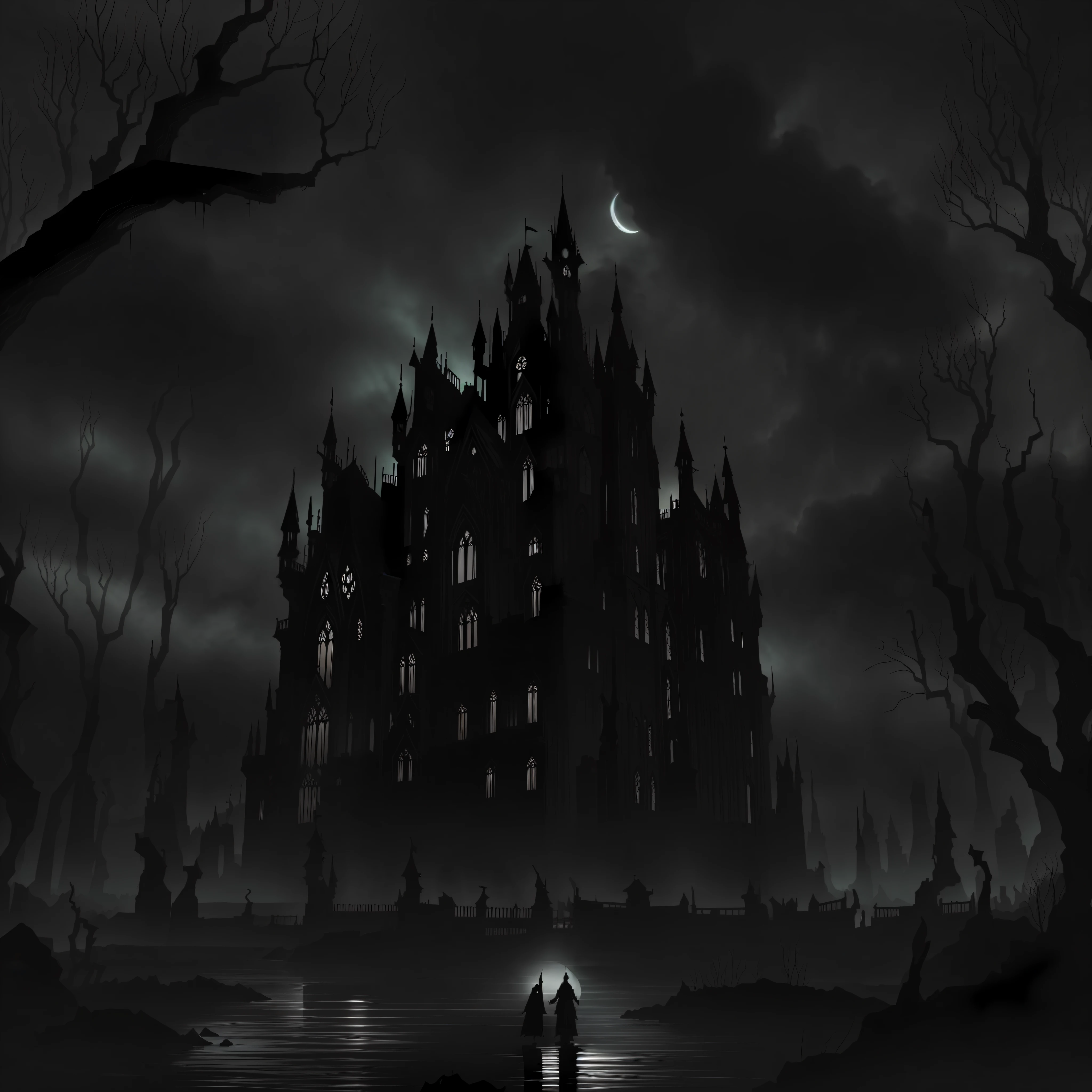 The image depicts a dark and macabre scenario, envolto em tons escuros e contrastantes. Ao fundo, There is an imposing and decrepit Gothic mansion, whose towers reach into the night sky. Its stone walls are worn down by time and decay, reinforcing the atmosphere of abandonment and melancholy.

The starry sky is laden with heavy, dark clouds, sugerindo uma tempestade iminente. Lightning cuts the horizon, casting brief flashes that illuminate the surroundings and reveal ominous details. The full moon hovers in the sky, shrouded in a spectral aura that highlights his supernatural presence.

In front of the mansion, there is an abandoned garden, onde as plantas murchas e espinhosas crescem de forma desordenada. Gnarled, leafless trees cast ominous shadows over the terrain. Flores mortas e negras desabrocham em espirais distorcidas, evoking a sense of decaying life.

No centro da imagem, destaca-if a lone human figure. She's standing, vestida com roupas rasgadas e esfarrapadas, conveying an air of despair and anguish. His face is shaded and expresses a mixture of terror and pain. The person holds his hands on his face, as if he were suffering and struggling with an inner anguish.

The figure is surrounded by ominous shadows that stretch and writhe across the ground, looking prenymized-la no lugar. These shadows create an illusion of movement and the feeling that the character is trapped in an endless nightmare.

Lighting in the scene is sparse, focusing on specific points to highlight elements-key and increase the sense of mystery and suspense. The predominant colors are shades of black, cinza, marrom e roxo profundo, criando um ambiente sombrio e sufocante.

No conjunto, The illustration of the Gothic style with depth seeks to capture the essence of anxiety and despair. It depicts a melancholic world, oppressive and charged with negative emotions, where the viewer is immersed in a whirlwind of dark feelings.