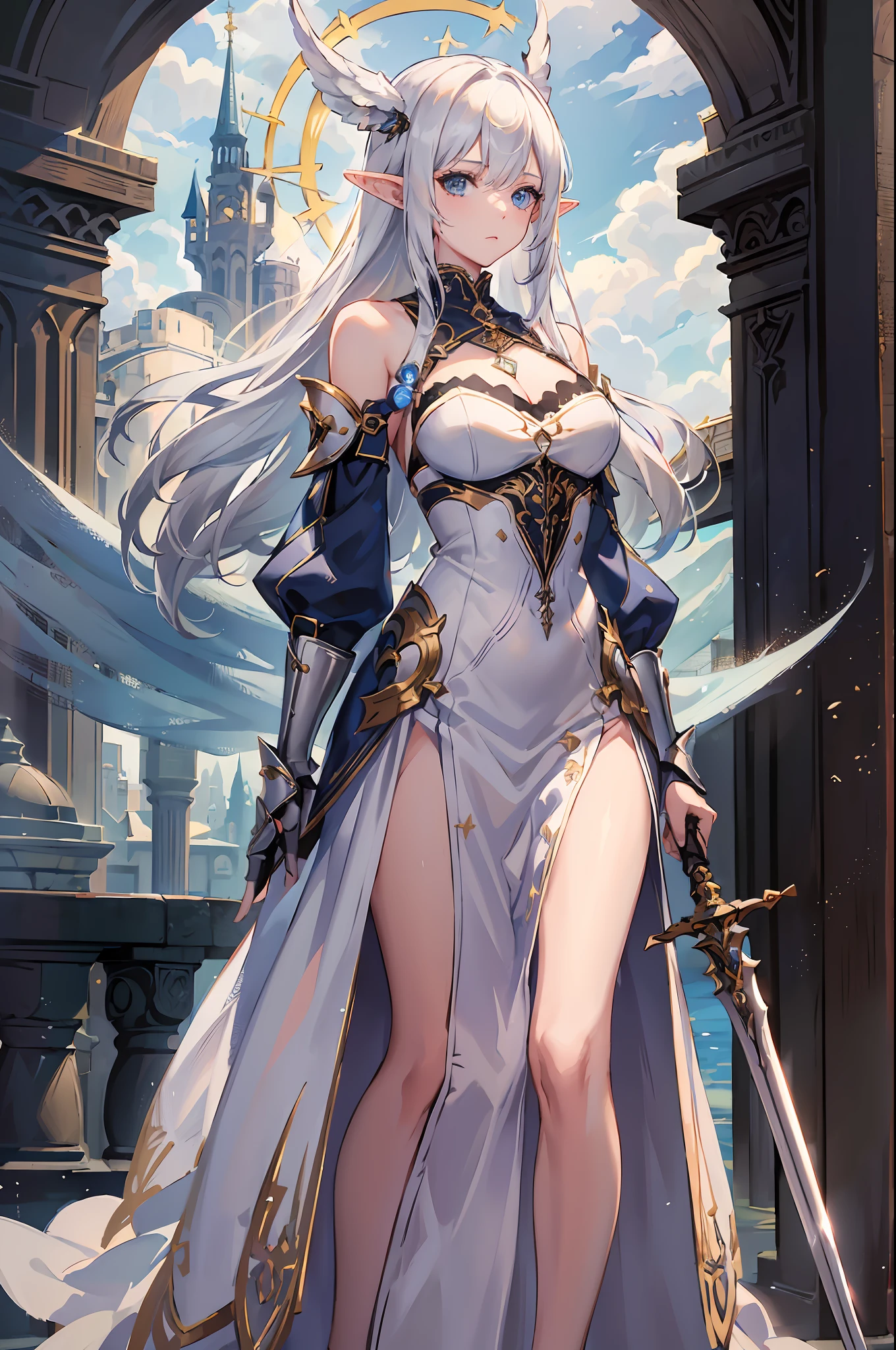 ((4k,masterpiece,best quality)), maxiskit, dress conservatively 1 girl, solo, full body, wide shoot, standing, holding sword down, white hair, long hair, elf ears, Valkyrie, armor, angel, white bra, side bang, from front, extra size body, night, mountain, look at viewer