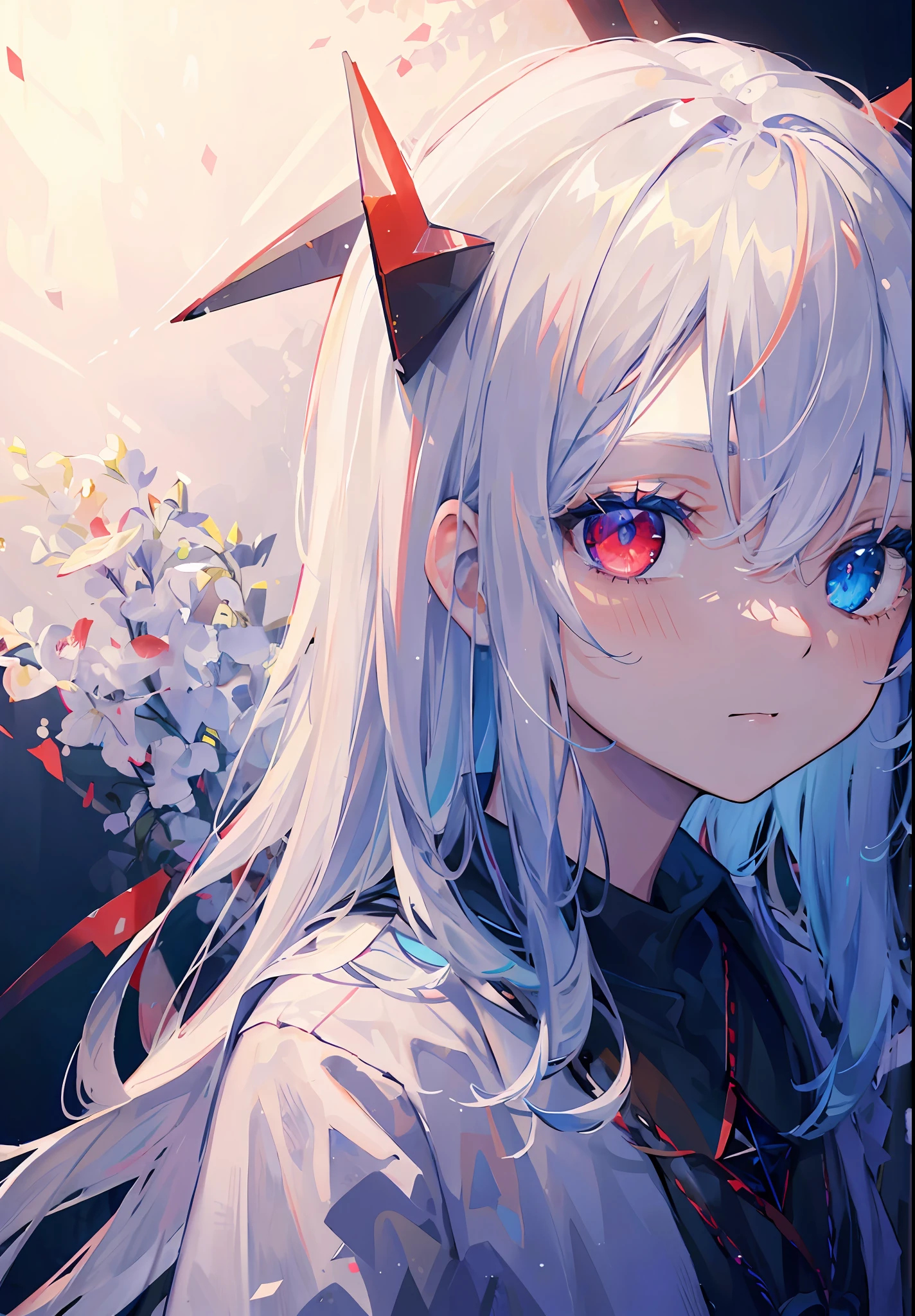 ((masterpiece)), ((ultra-detailed)), pixiv, best shadows, best lighting, best quality, cinematic shot, rim lightning, solo, abstract, 1girl, looking at viewer, black background, pentagram, bangs, blue eyes, white hair, portrait, heterochromia, hexagram, red eyes