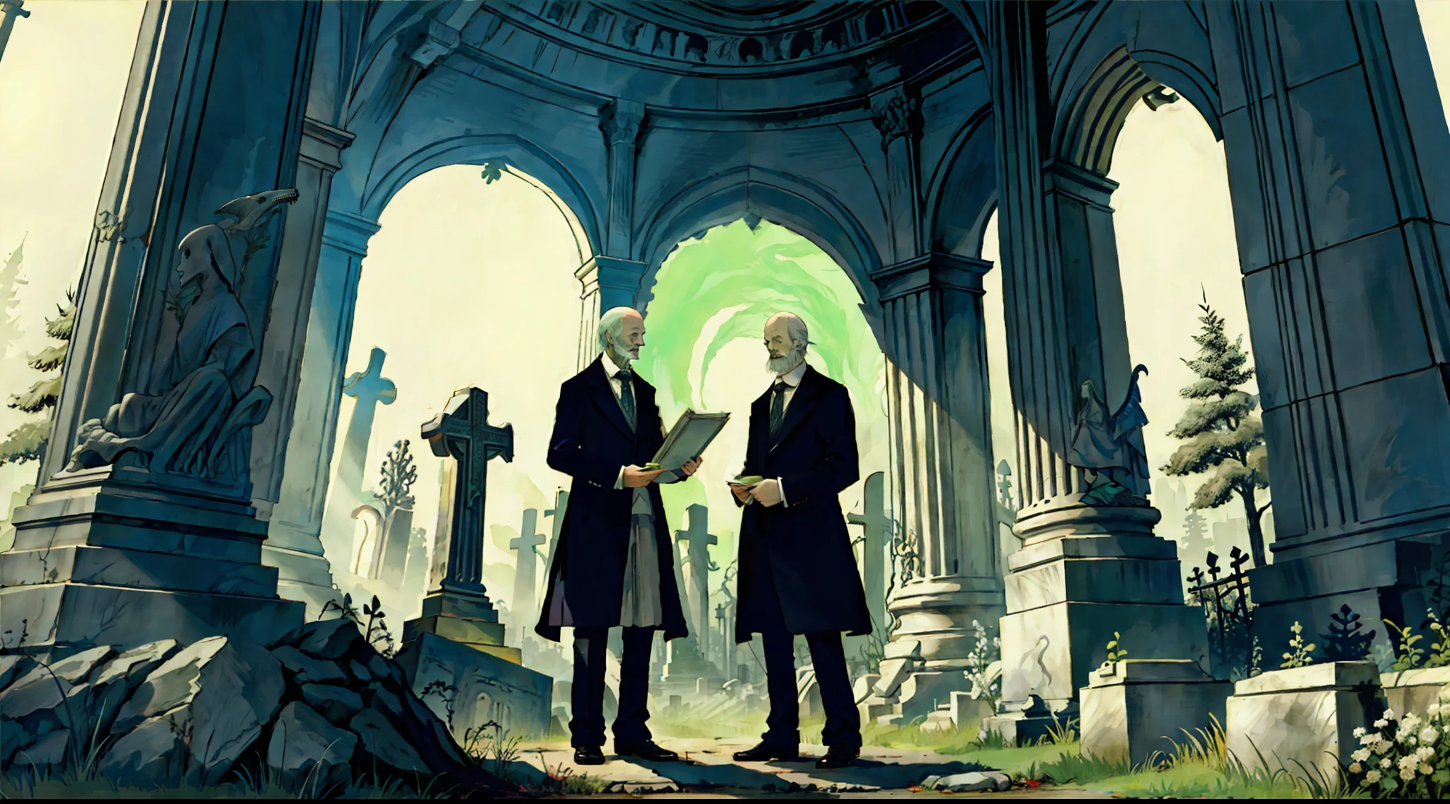 There are two men standing in a cemetery with a green light - SeaArt AI 