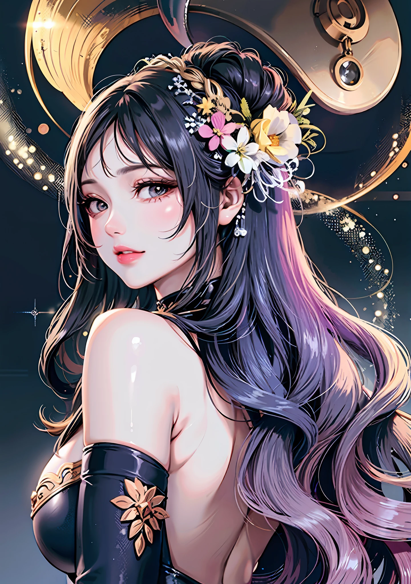 beautiful, Masterpiece artwork, best qualityer, extreme detailed face, Perfect lighting, [Dark and mysterious, left and left, Rear view, 1 beautiful woman, Walking towards the horizon, medium breasts, narrow waisted,cabeautiful loiro, fluttering braids,  powerful, moonlit forest, nebula]