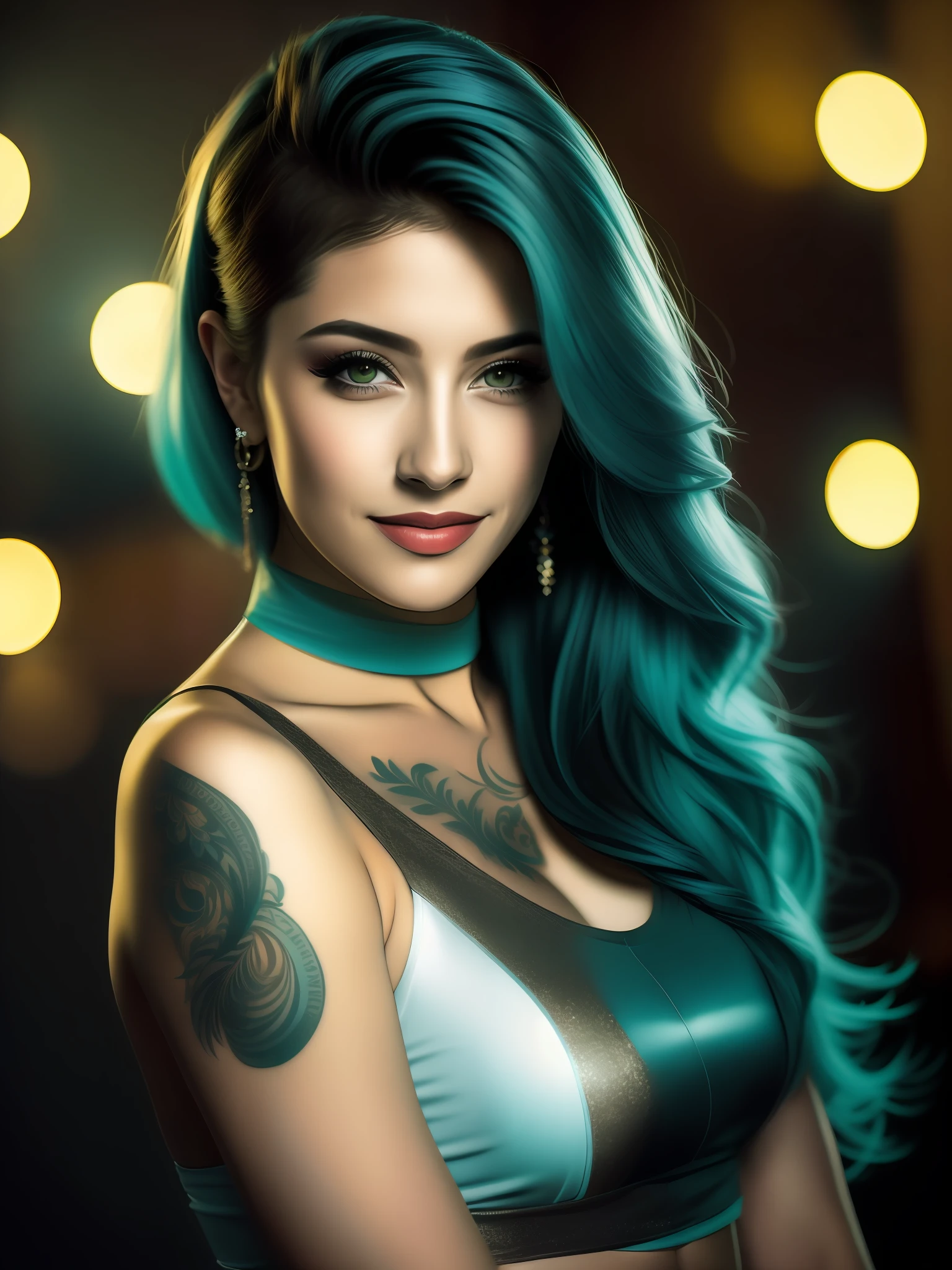 Woman with turquoise hair and a tattoo, ,wearing black blazer , overskirt, in the style of photorealistic fantasies, dark turquoise and light emerald, realistic marine paintings, uhd image, spirals, aurorapunk (Masterpiece artwork, side lighting, beautiful finely detailed eyes: 1.2 ), hdr,night time scene, close up photo of a sexy naked girl, posando, looking at a camera and smiling, pink ponytail hair, (greeneyes: 0.8), beautiful young face, 18 yo, soft volumetric lights, (back-illuminated: 1.3), (cinematic: 1.3), details Intricate, (artstation: 1.2)